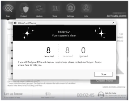 Scan completion: 'System Clean' confirmation with resolved threats