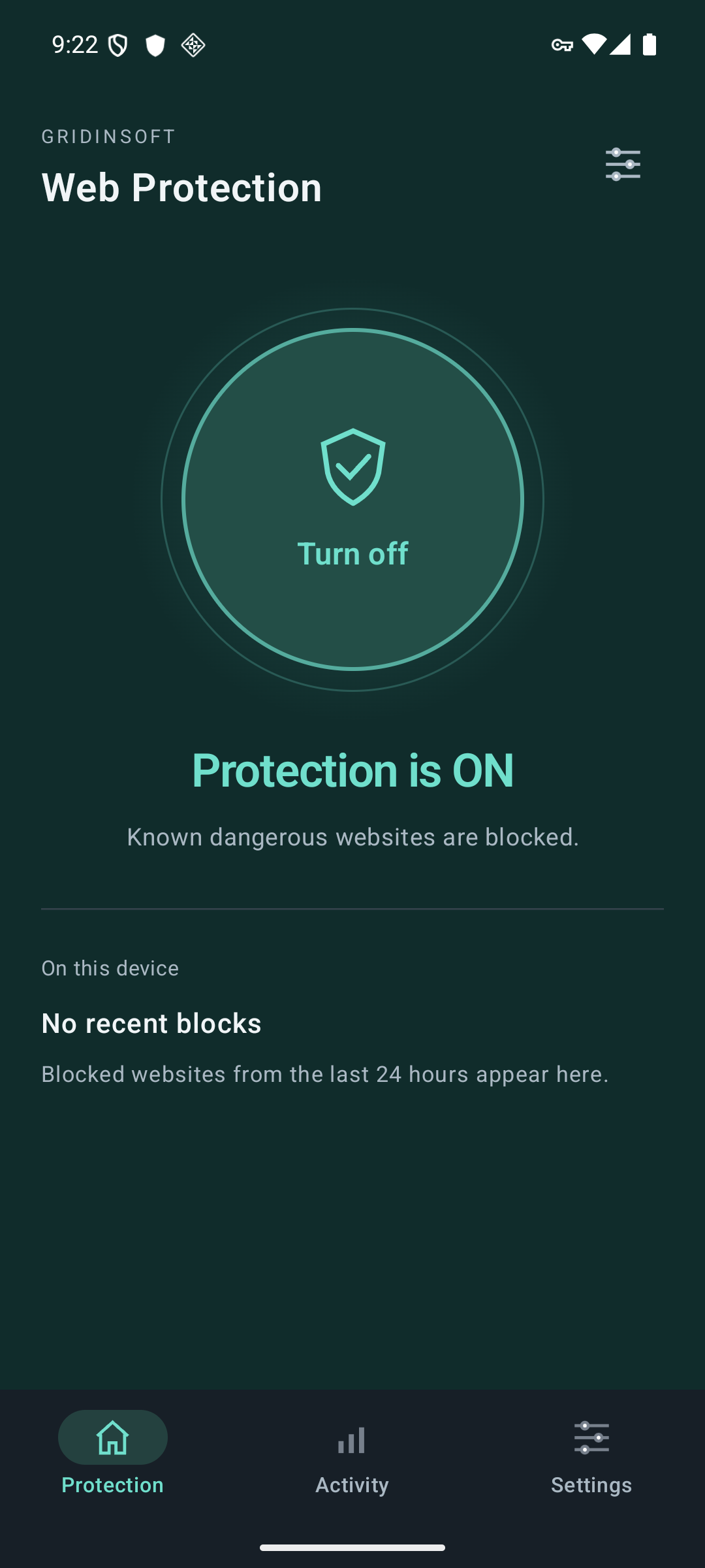 Android 上的 Gridinsoft Web Protection,显示 Protection is ON 状态及大型 Turn off 按钮