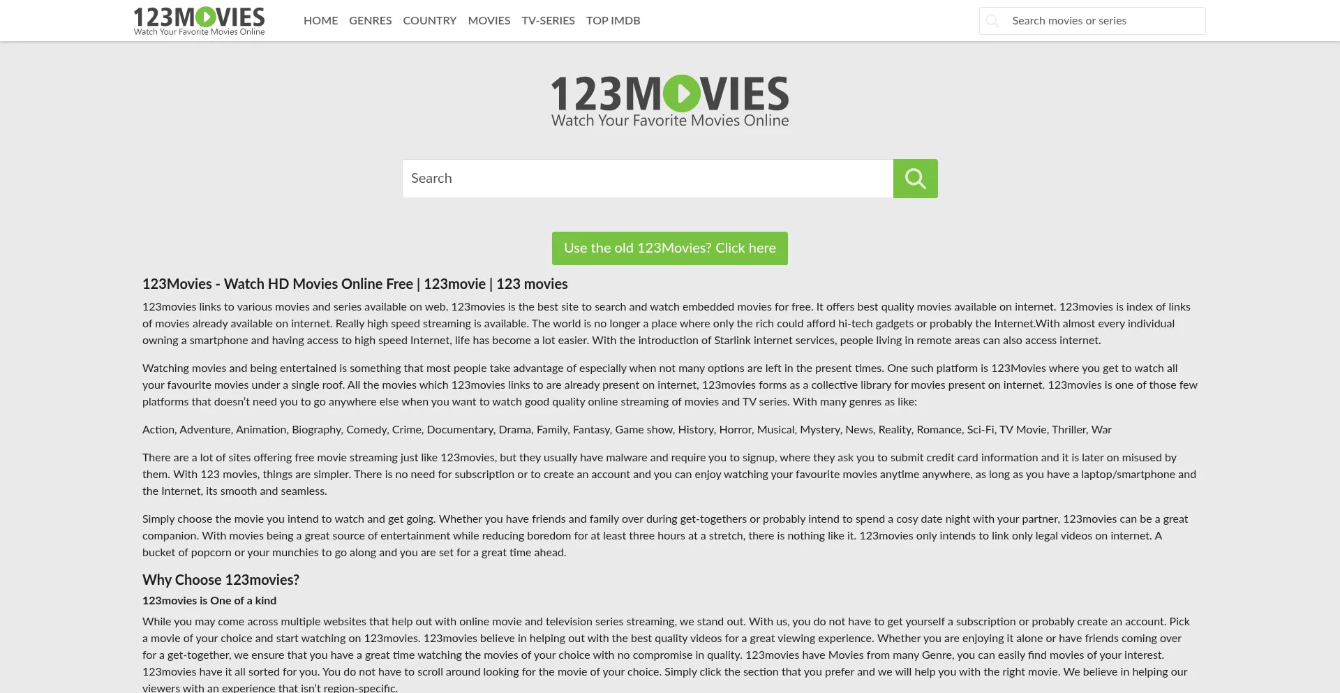 Website screenshot of 123moviesfree.net