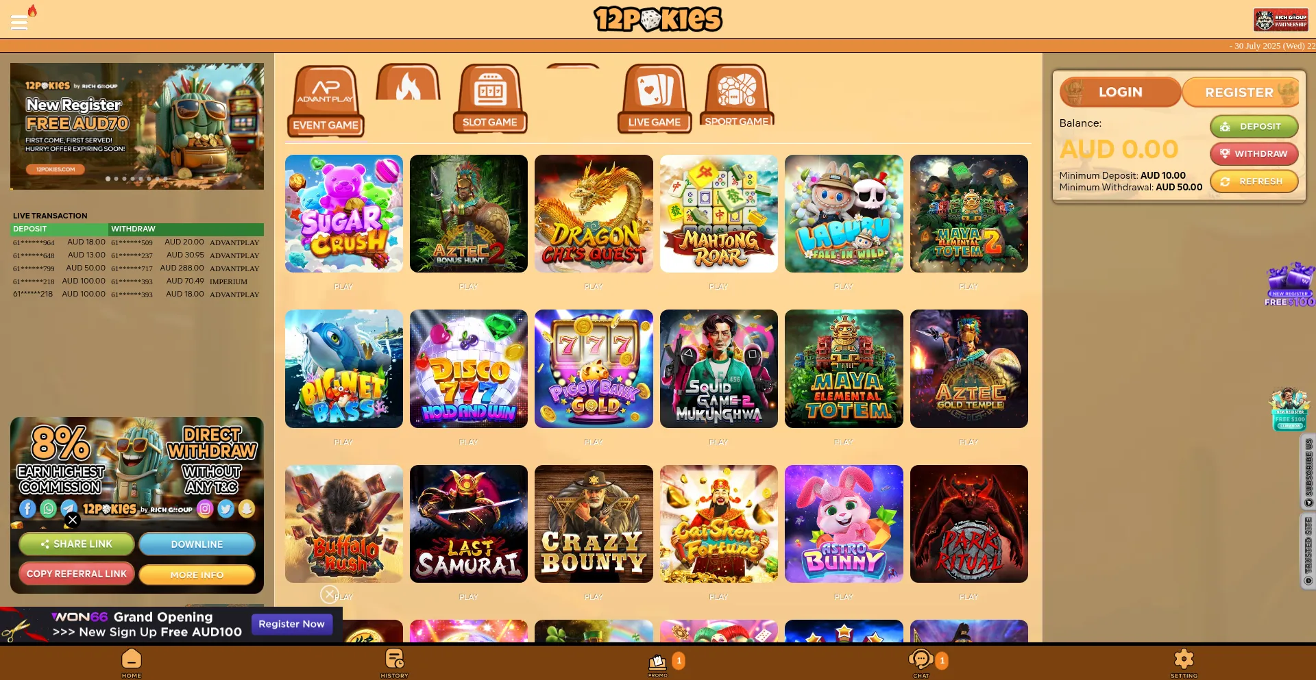 Website screenshot of 12pokies.co