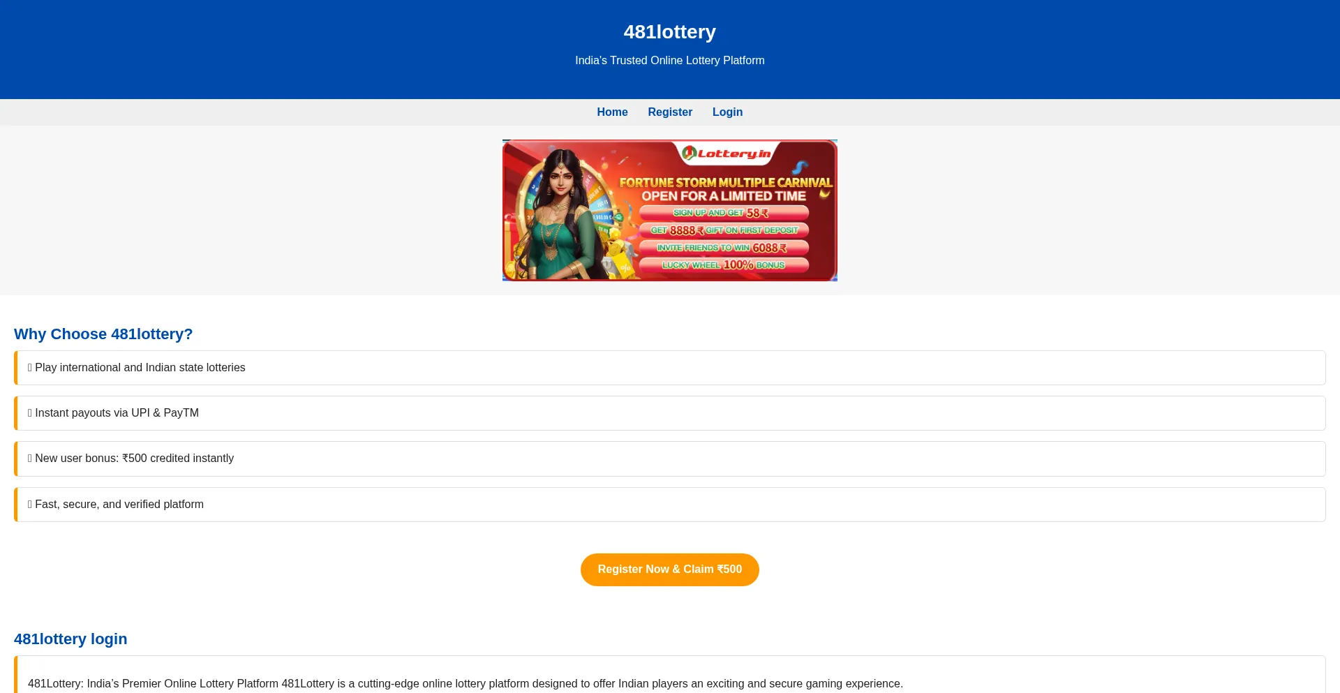 Website screenshot of 481lottery.icu