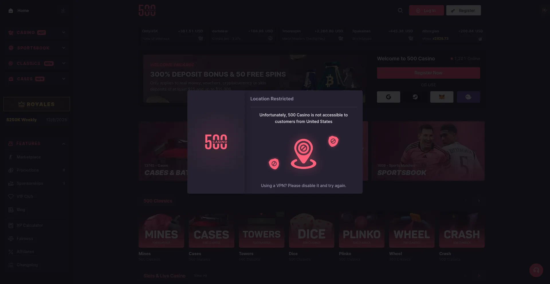 Website screenshot of 500.casino