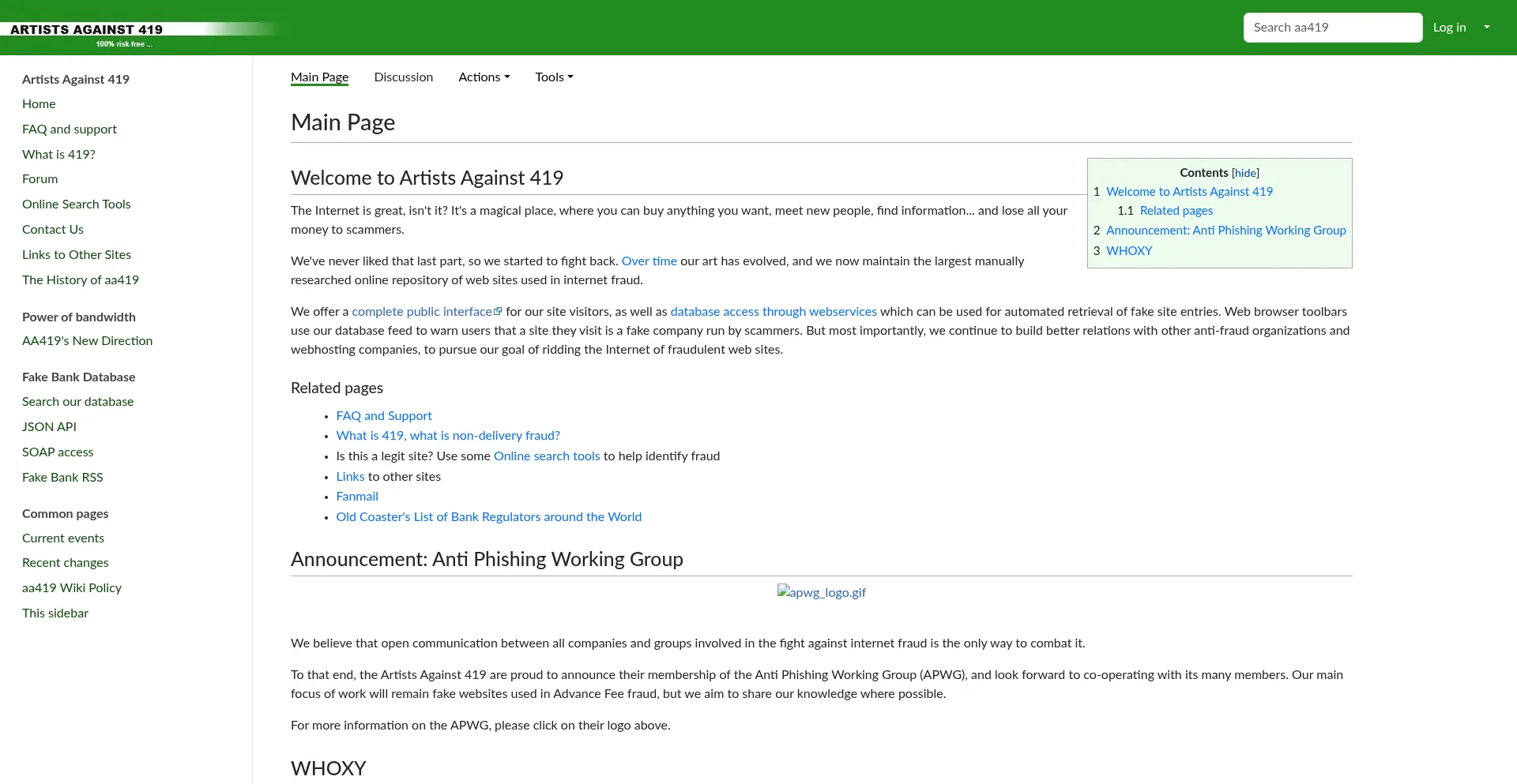 Website screenshot of Aa419.org