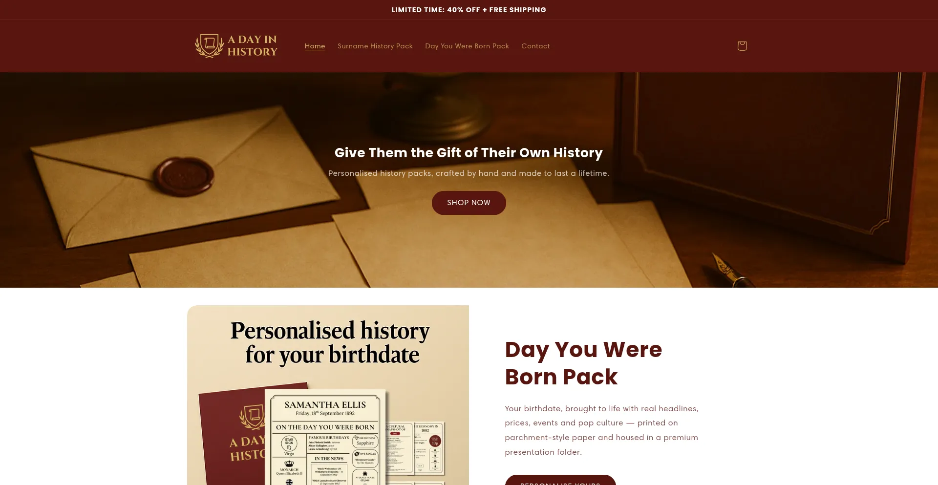 Website screenshot of Adayinhistory.co.uk