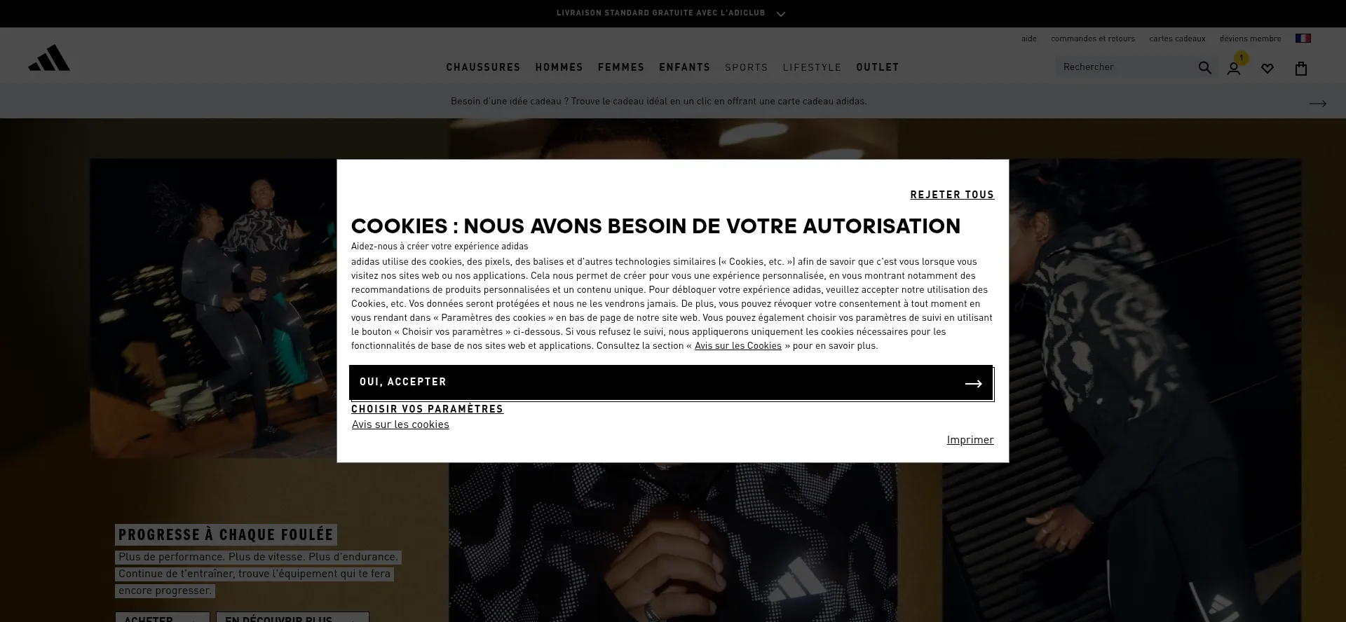 Website screenshot of Adidas.fr