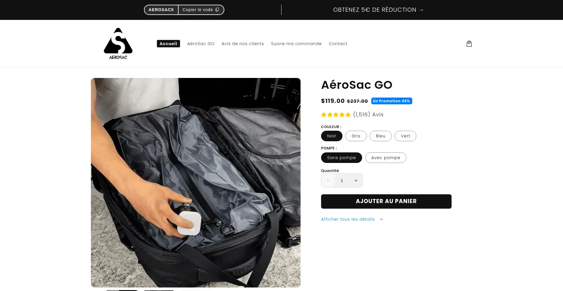 Website screenshot of Aerosac.fr
