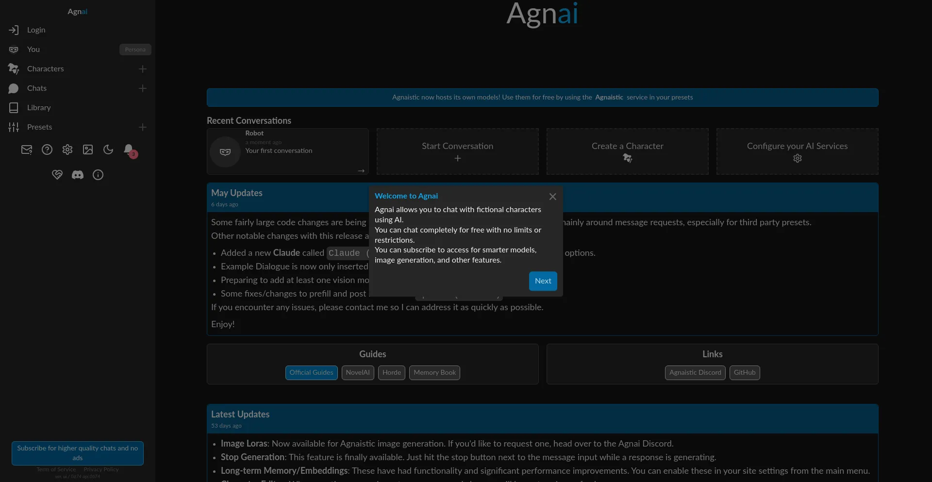Website screenshot of Agnai.chat