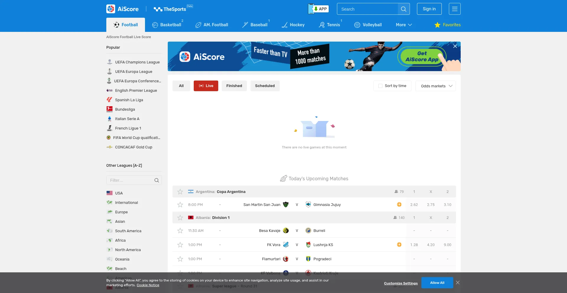 Website screenshot of Aiscore.com