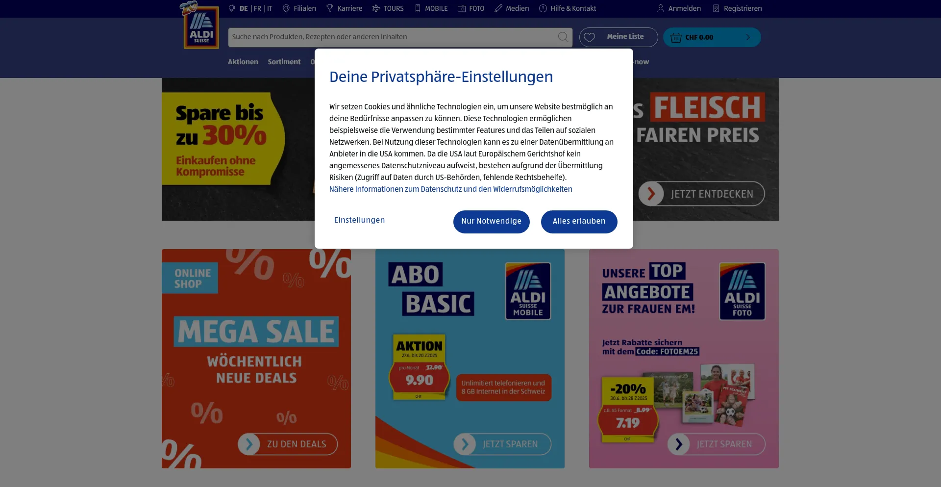 Website screenshot of Aldi-suisse.ch