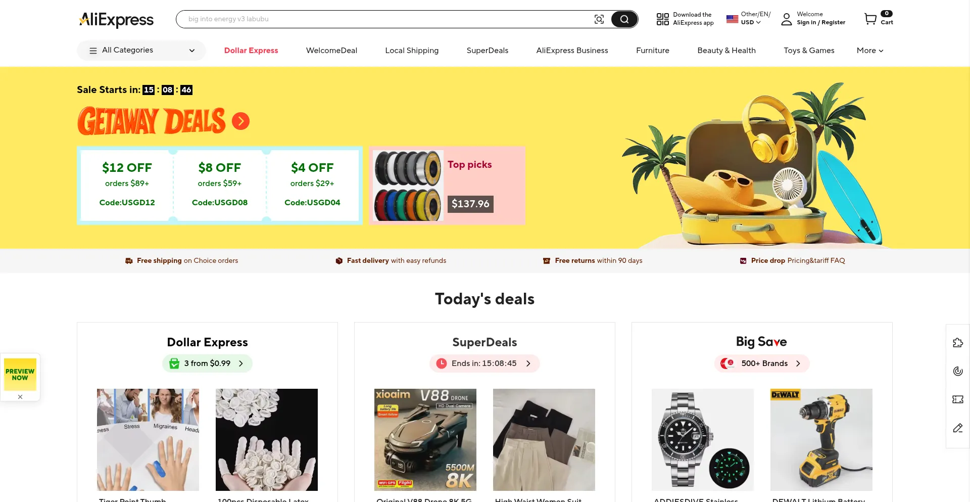 Website screenshot of Aliexpress.fr