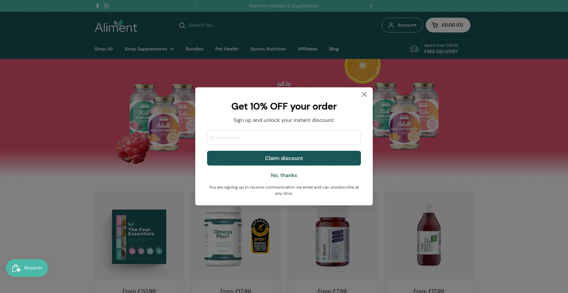 Website screenshot of Alimentnutrition.co.uk