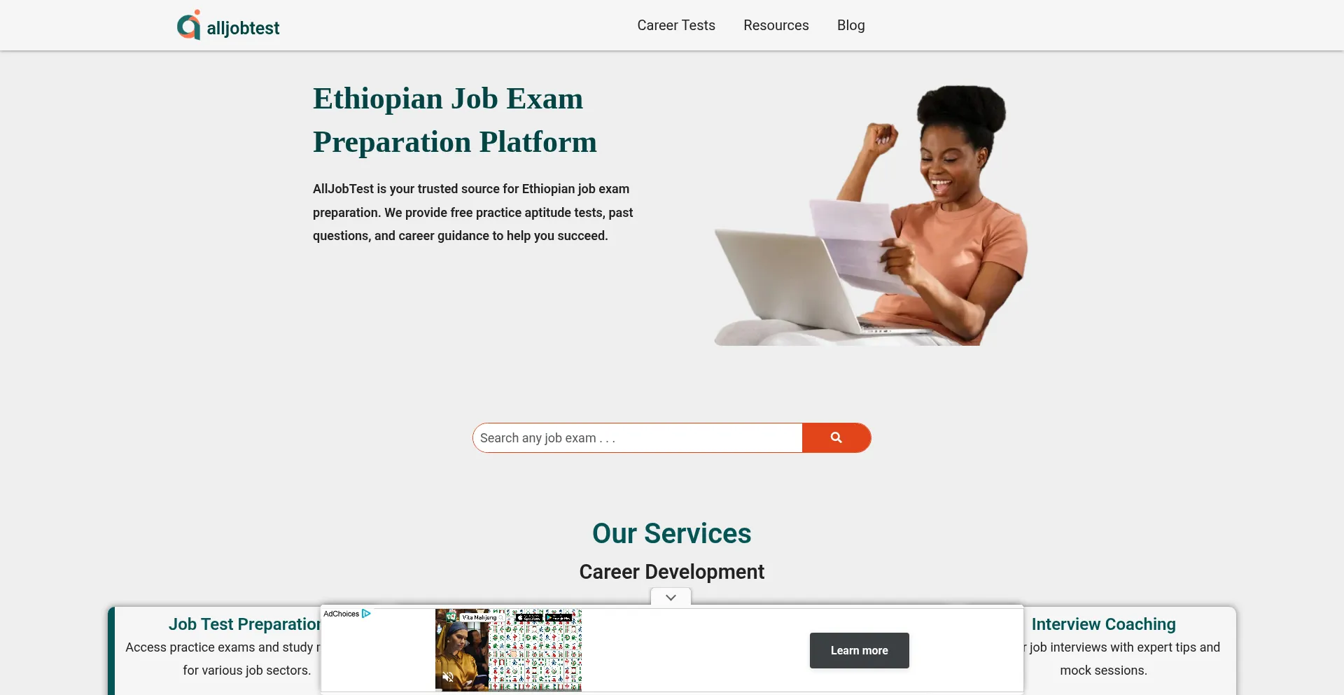 Website screenshot of Alljobtest.com