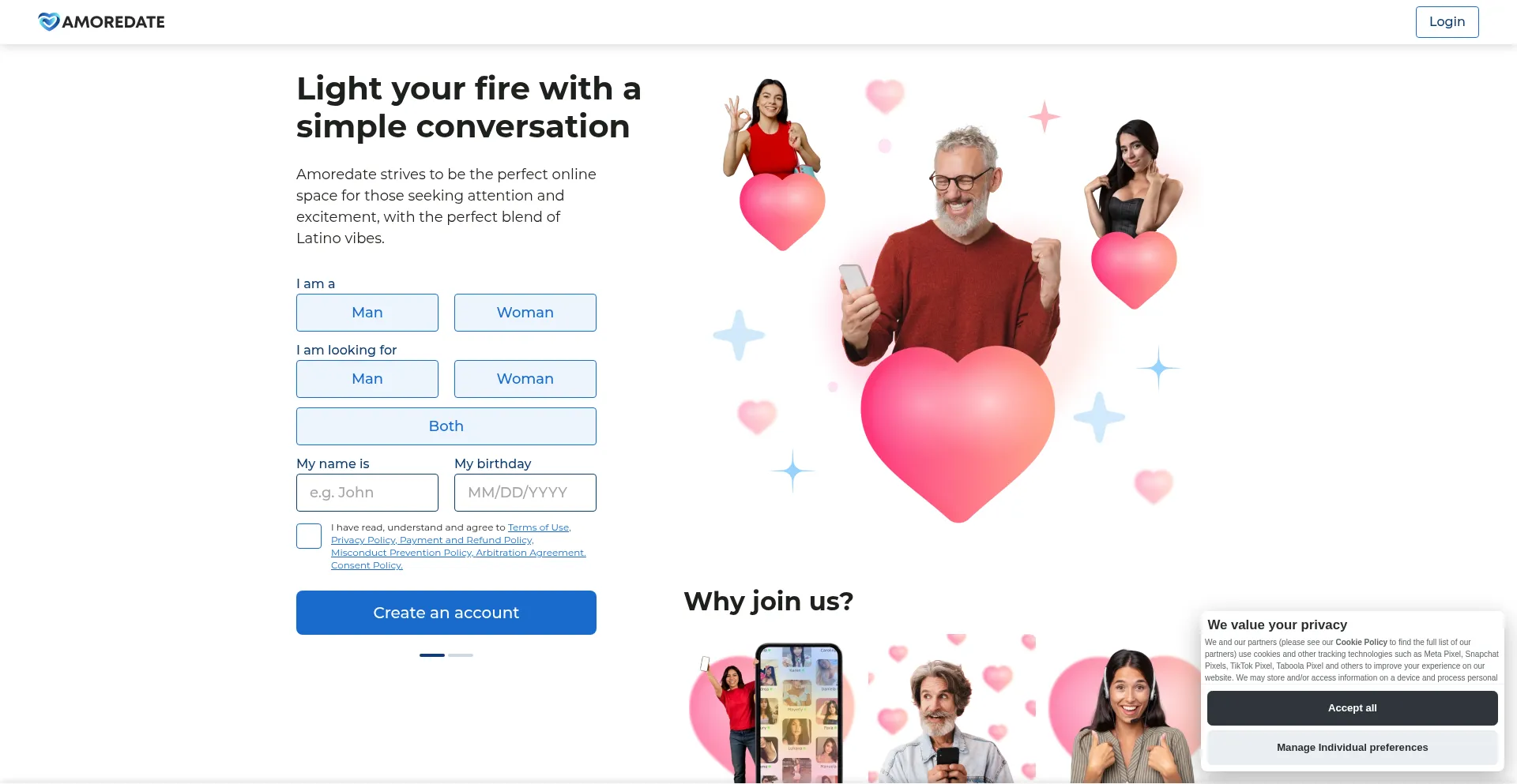 Website screenshot of Amoredate.com