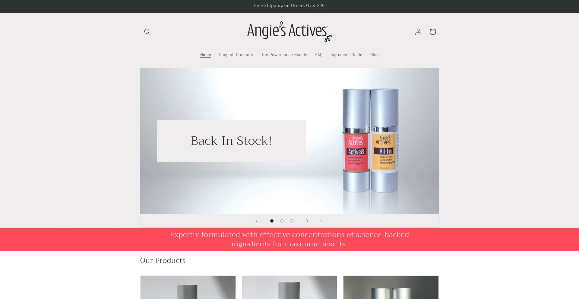 Website screenshot of Angiesactives.com