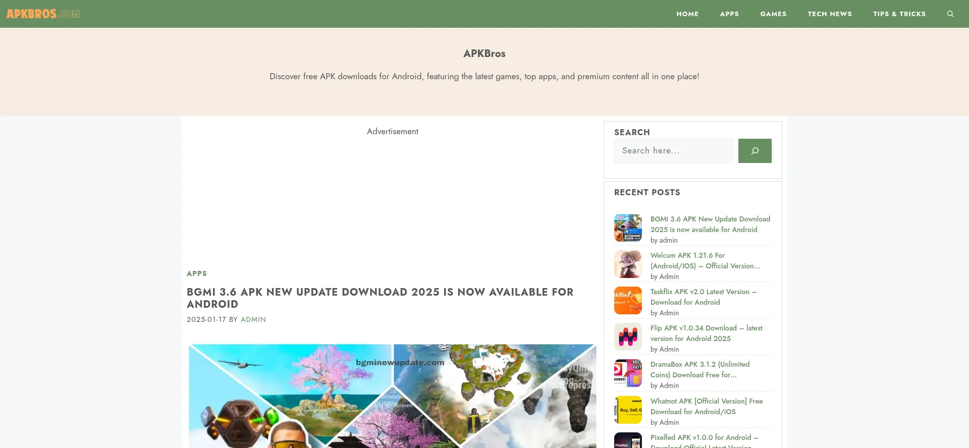 Website screenshot of Apkbros.com