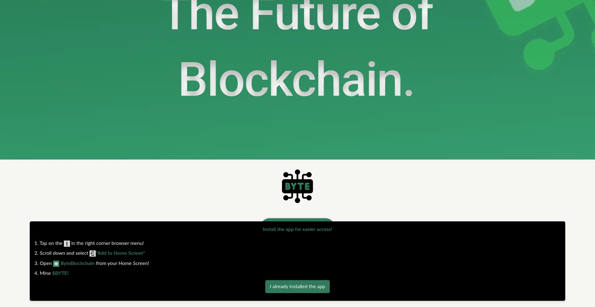 Website screenshot of App.byteblockchain.org