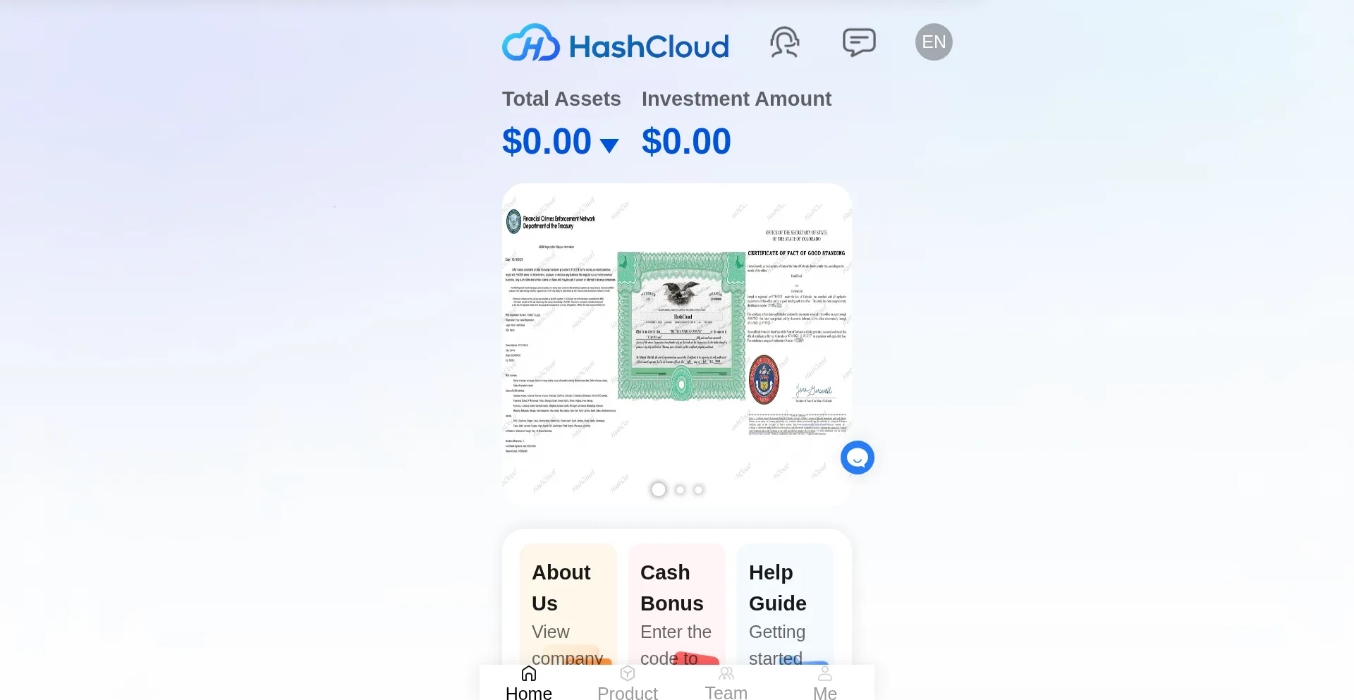 Website screenshot of App.hash-cloud.com