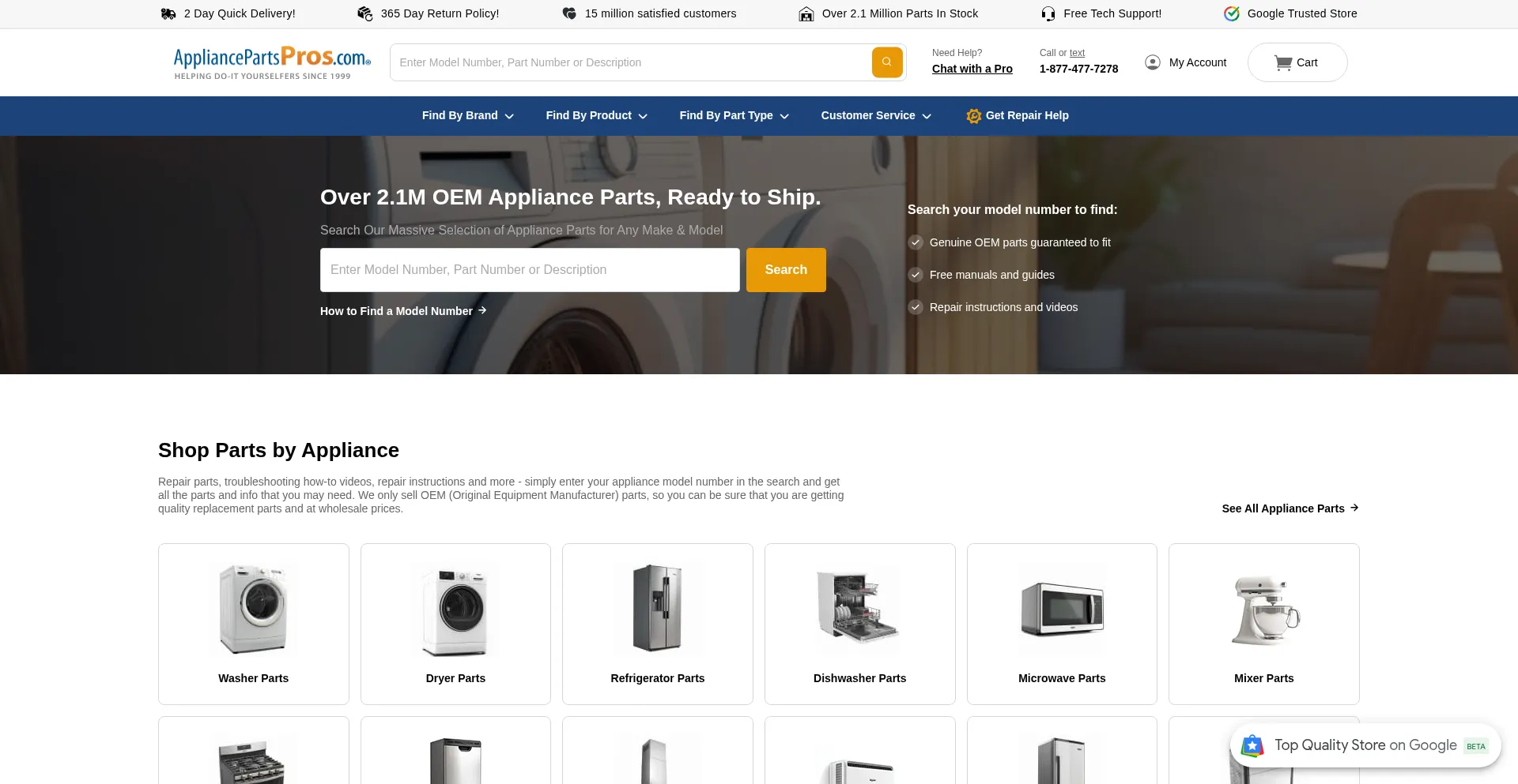 Website screenshot of Appliancepartpros.com