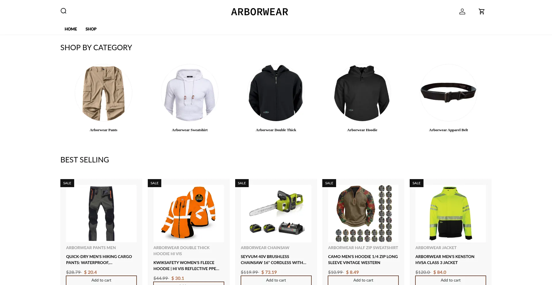 Website screenshot of Arborweargearhub.shop
