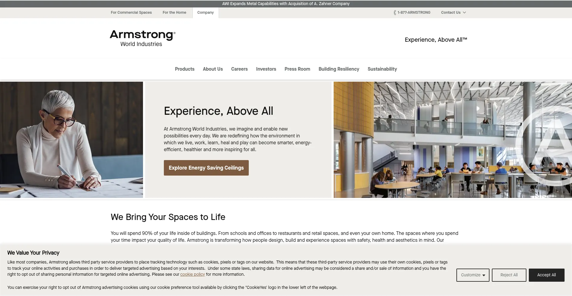 Website screenshot of Armstrongceilings.com