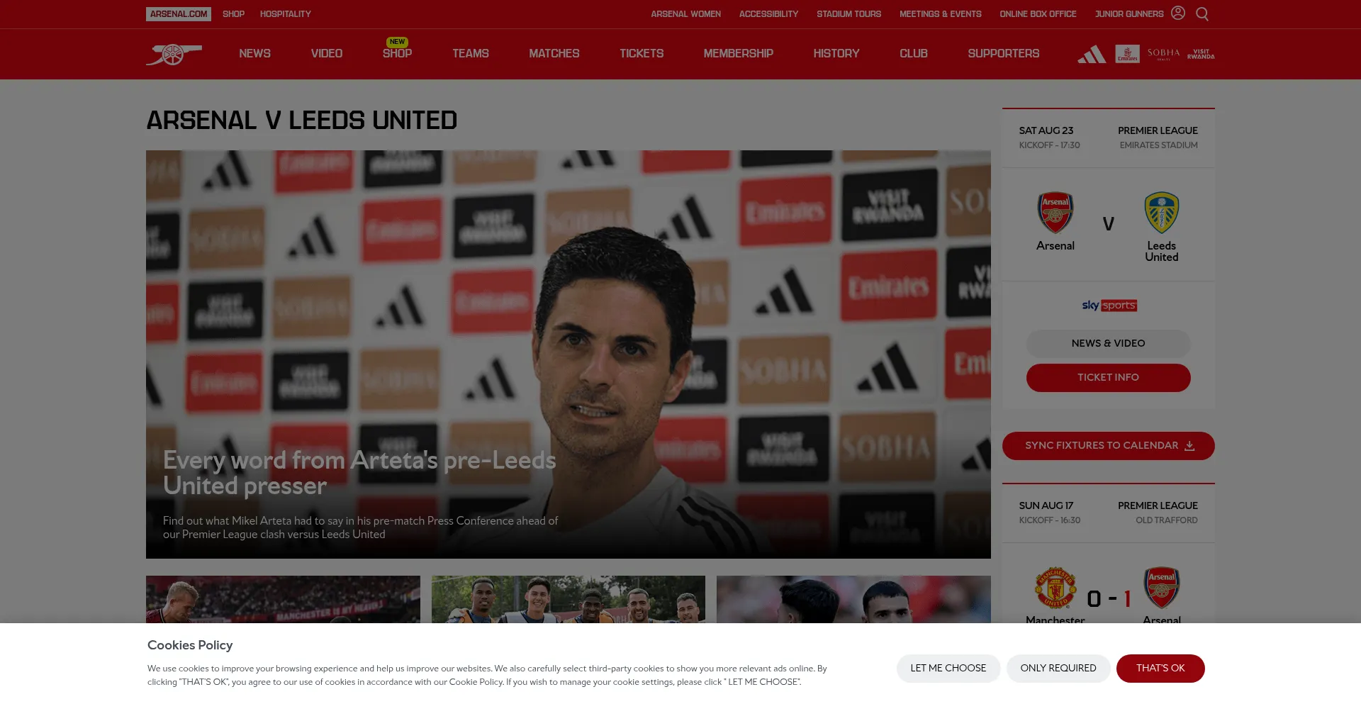 Website screenshot of Arsenal.co.uk