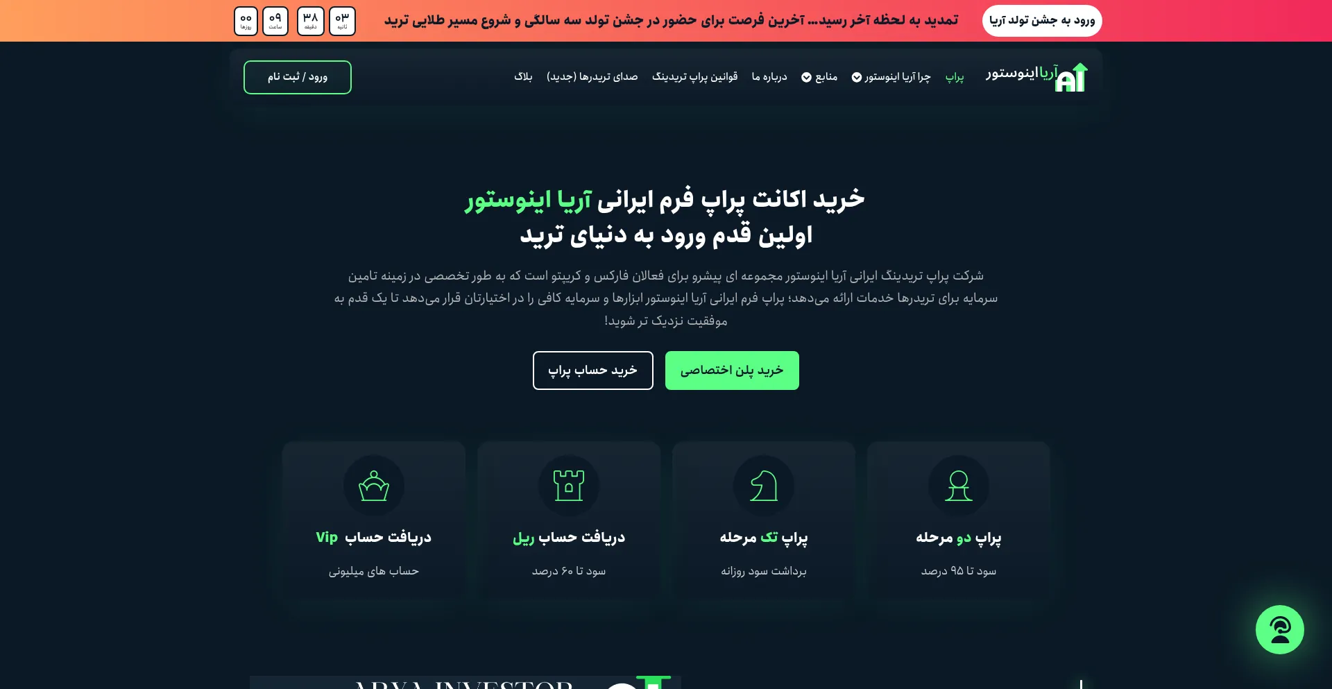 Website screenshot of Aryainvestor.com