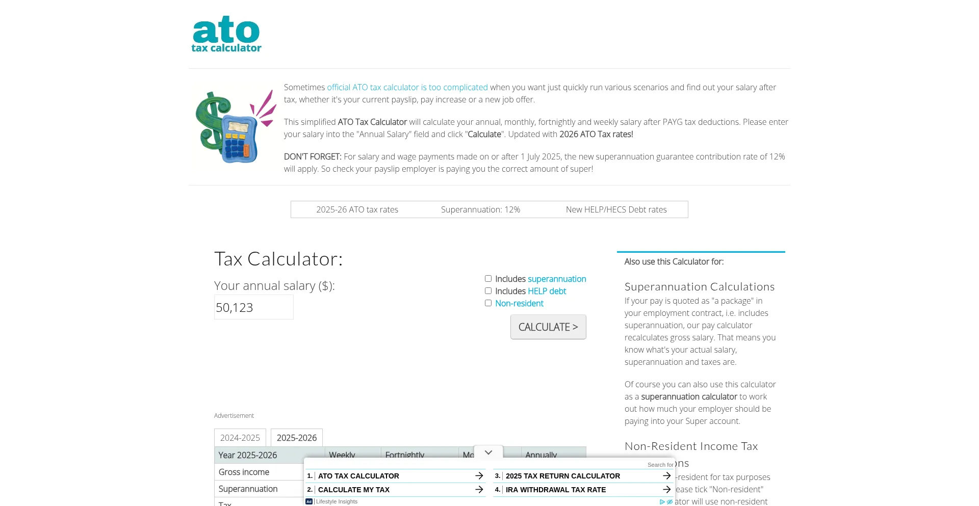 Website screenshot of Atotaxcalculator.com.au