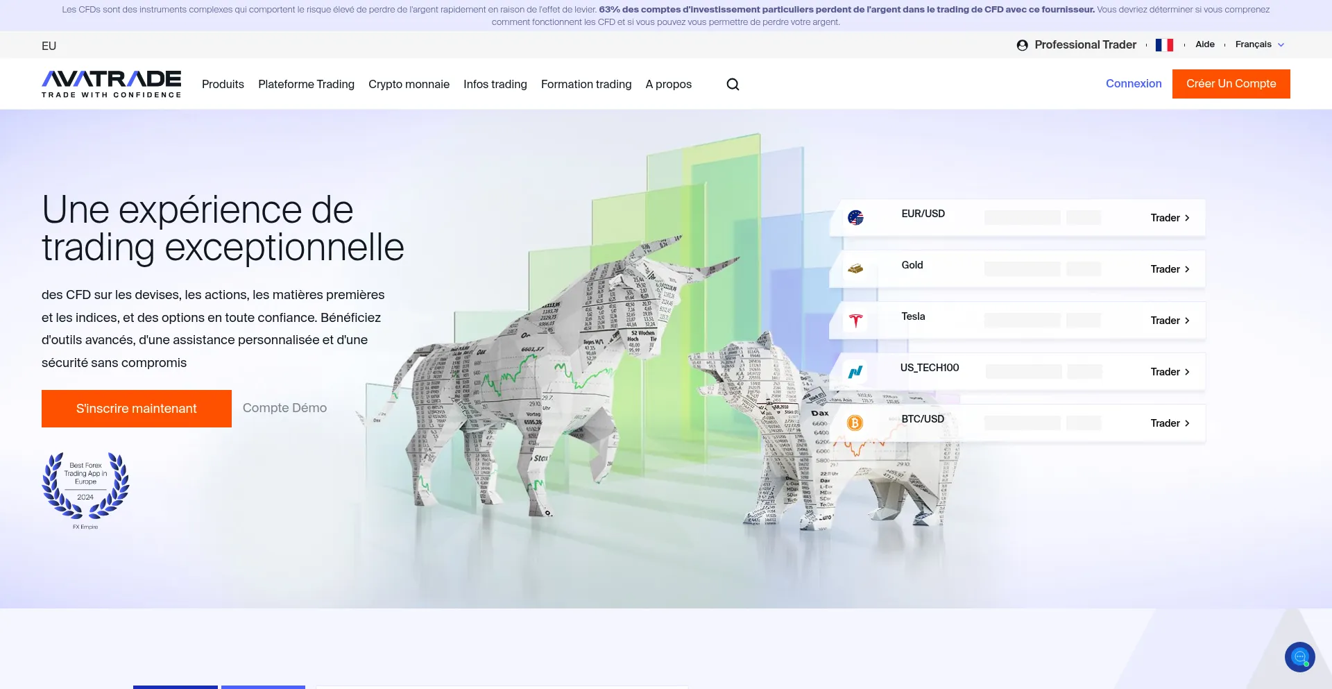 Website screenshot of Avatrade.fr