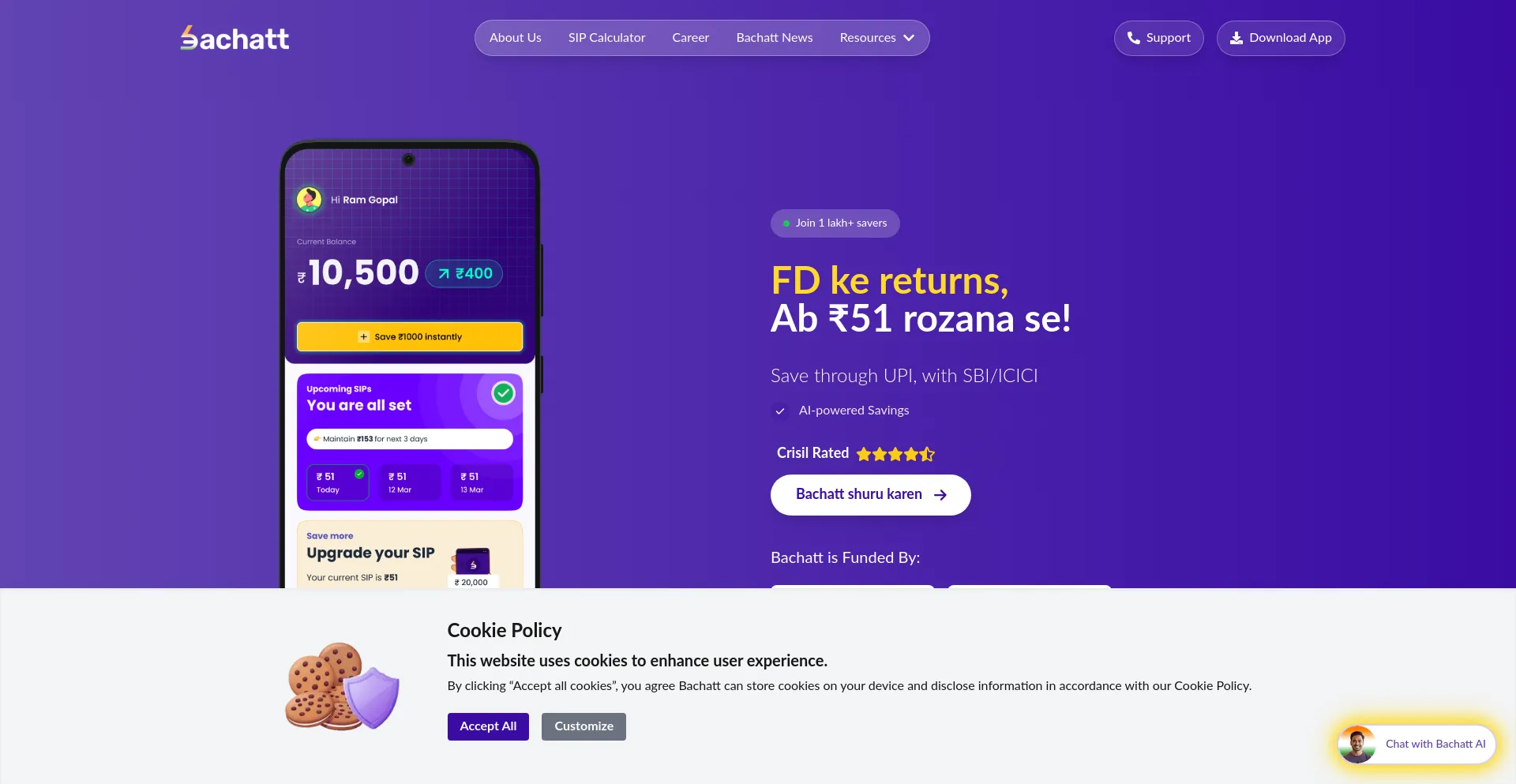 Website screenshot of Bachatt.app