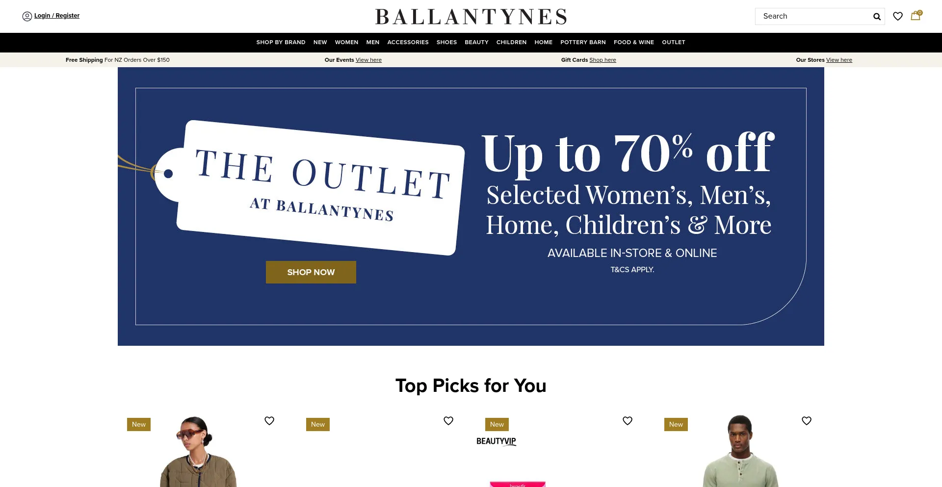 Website screenshot of Ballantynes.co.nz