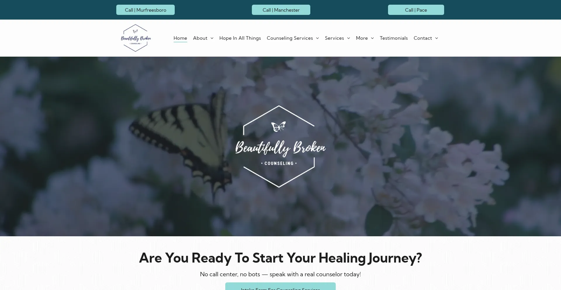 Website screenshot of Beautifullybrokencounseling.com