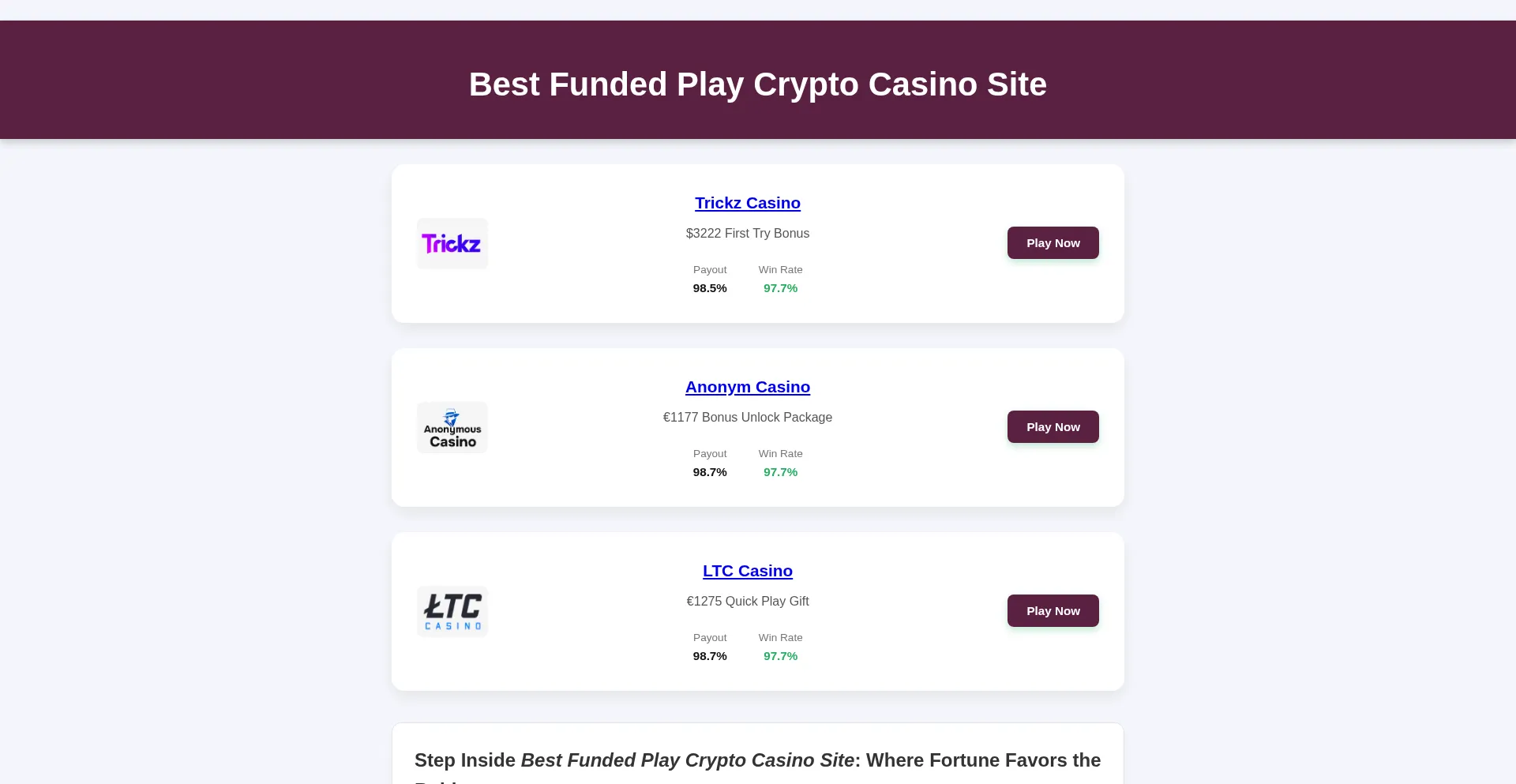 Website screenshot of Bestfundedplaycryptocasinosite.shop