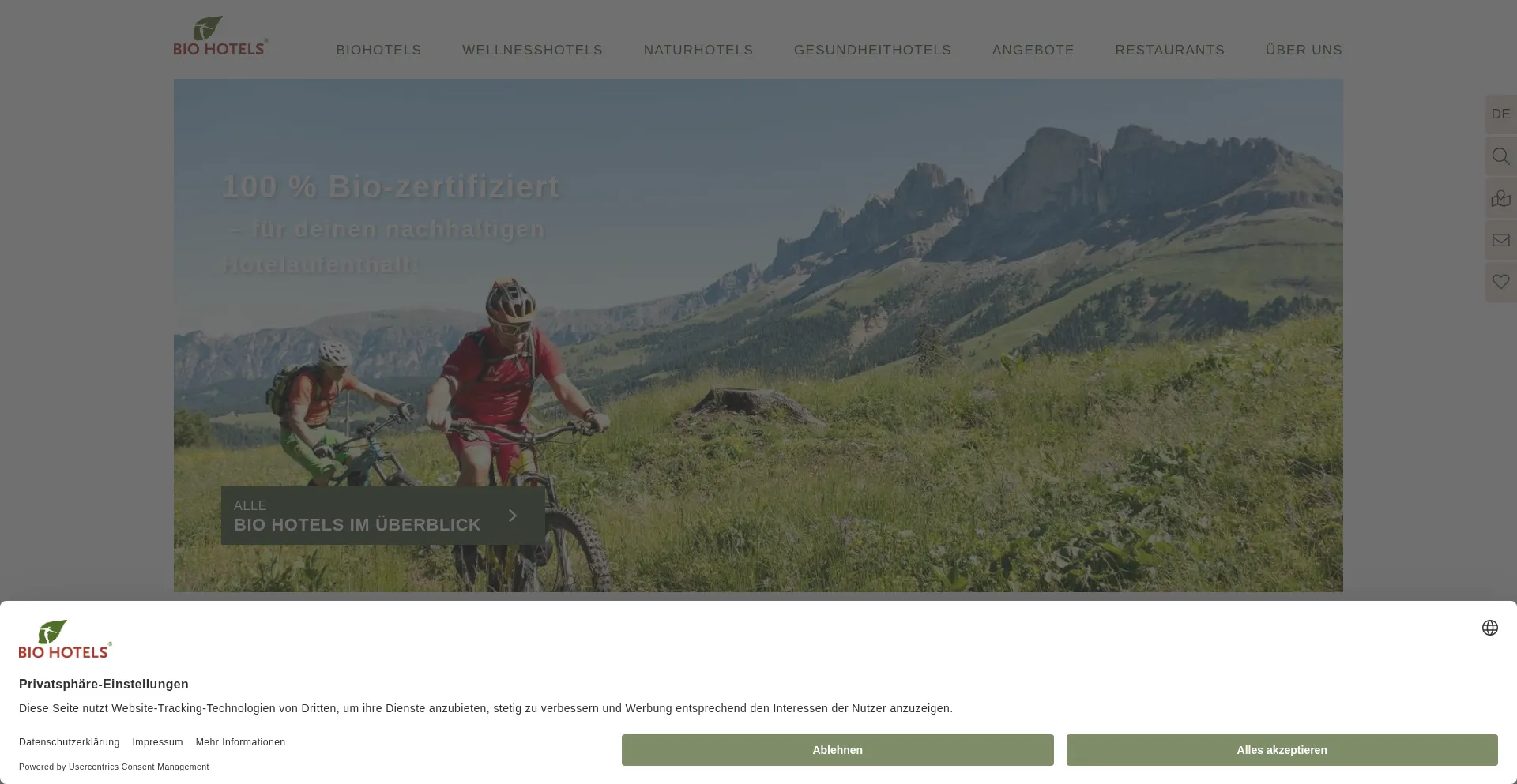 Website screenshot of Biohotels.info