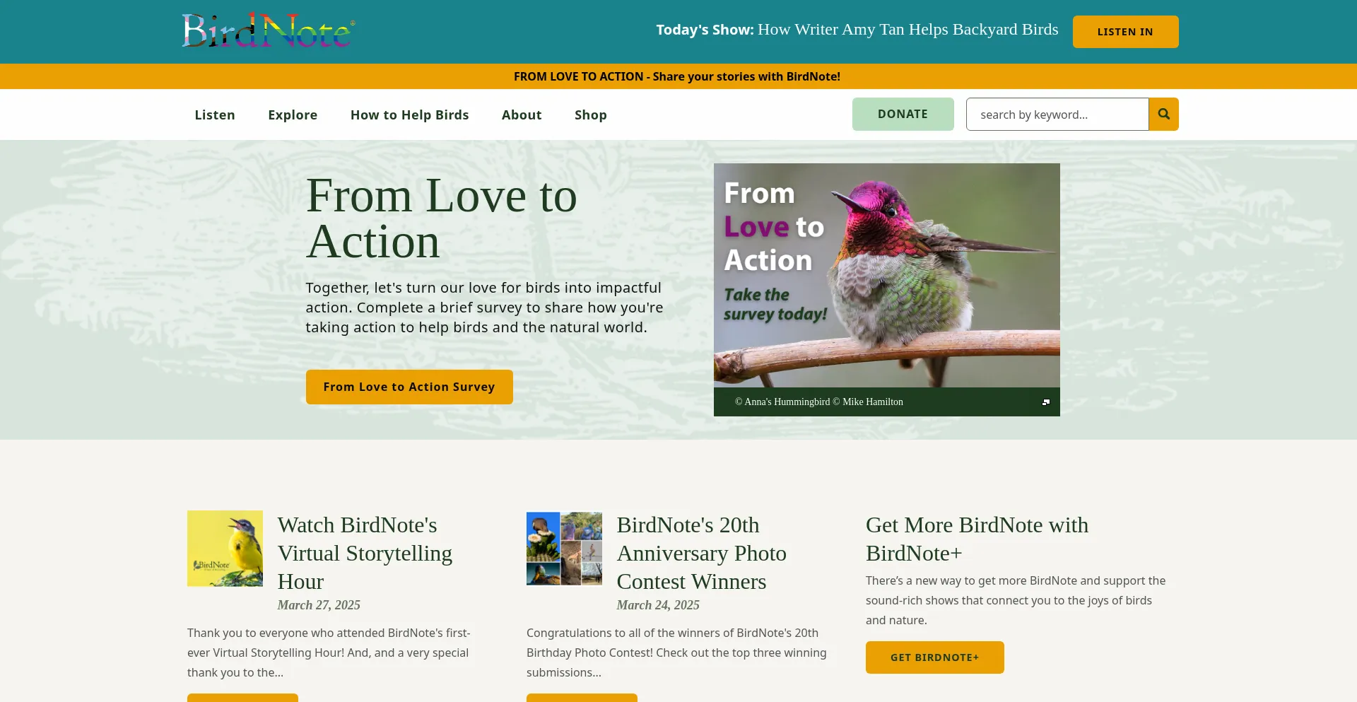 Website screenshot of Birdnote.org