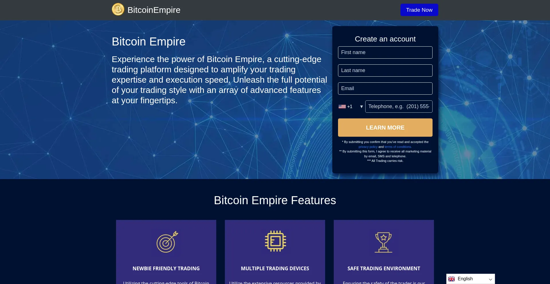 Website screenshot of Bitcoin-empire.org