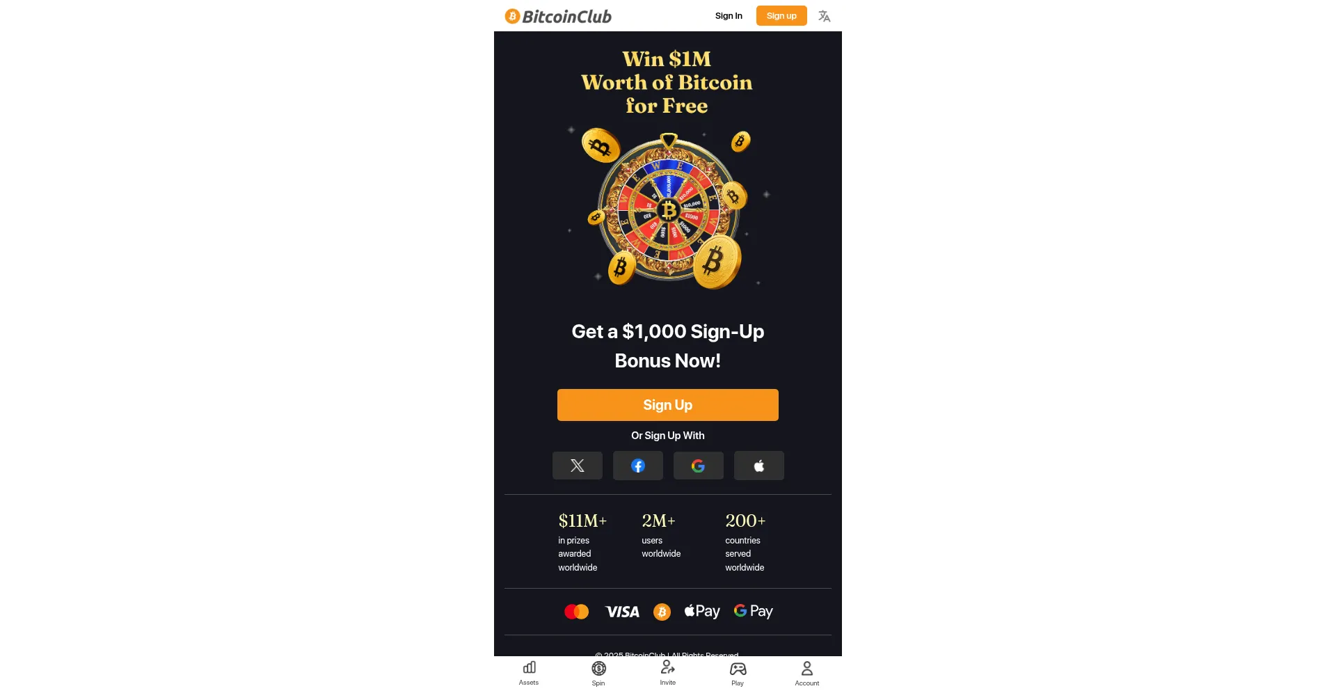 Website screenshot of Bitcoinclub.game