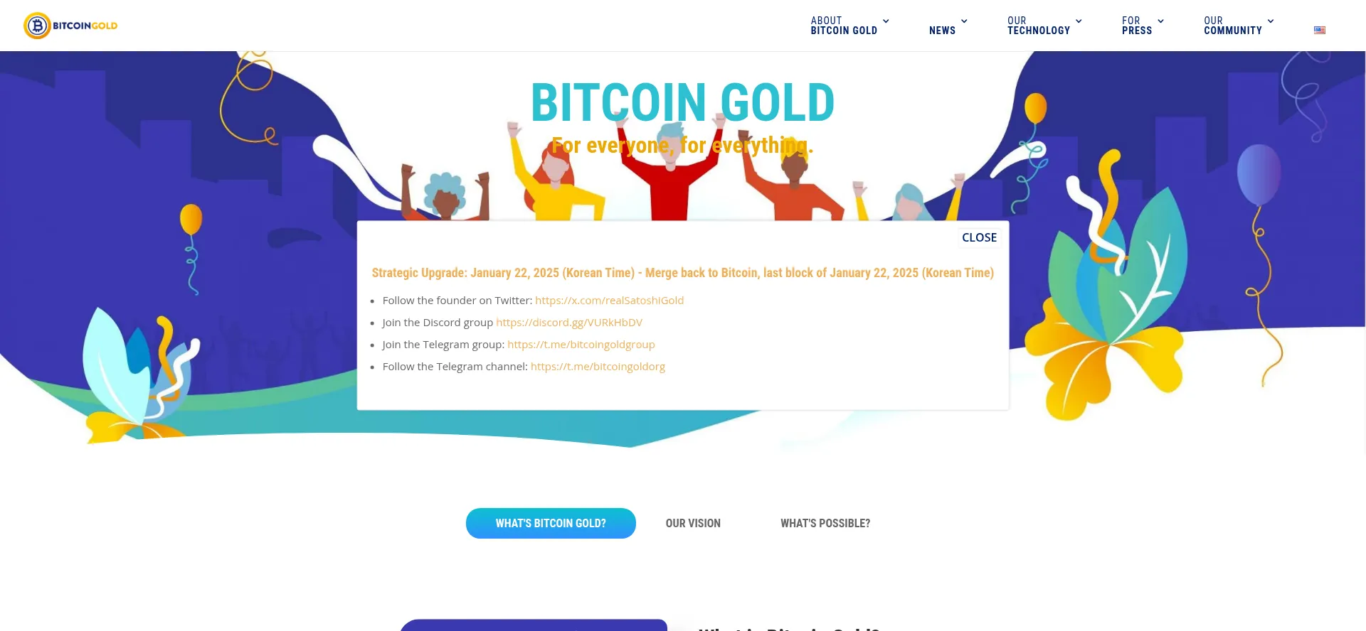 Website screenshot of Bitcoingold.org