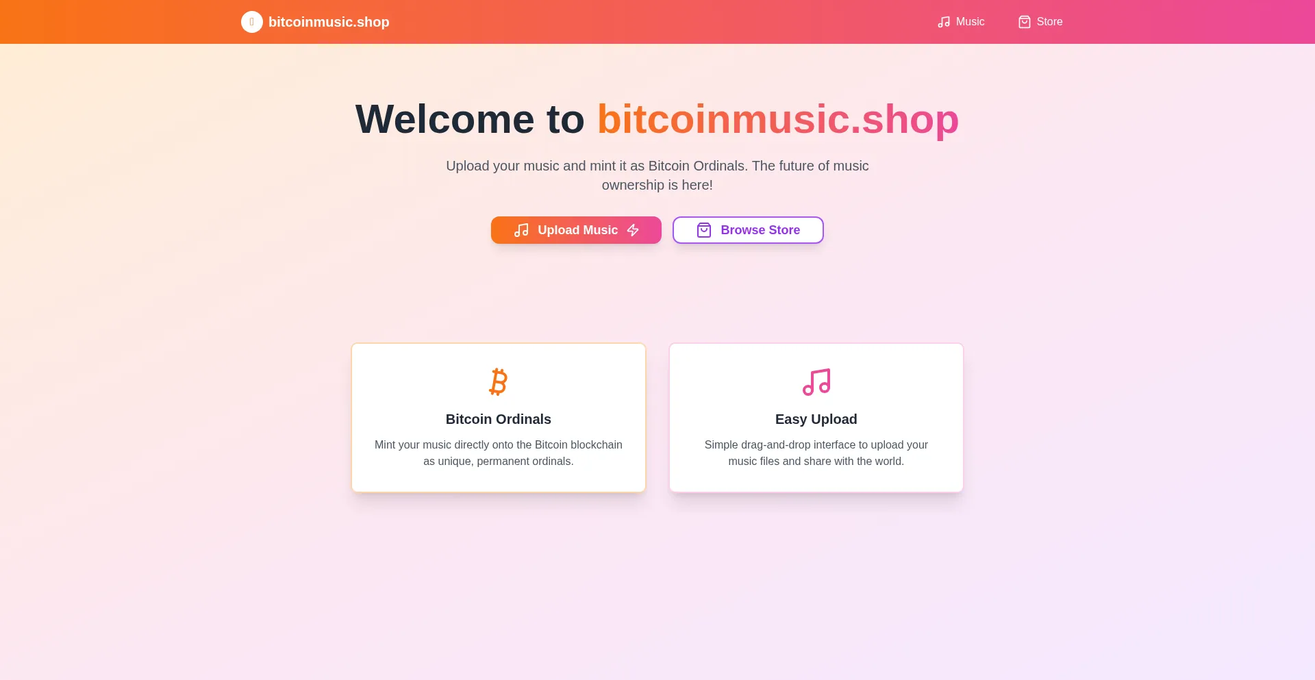 Website screenshot of Bitcoinmusic.shop
