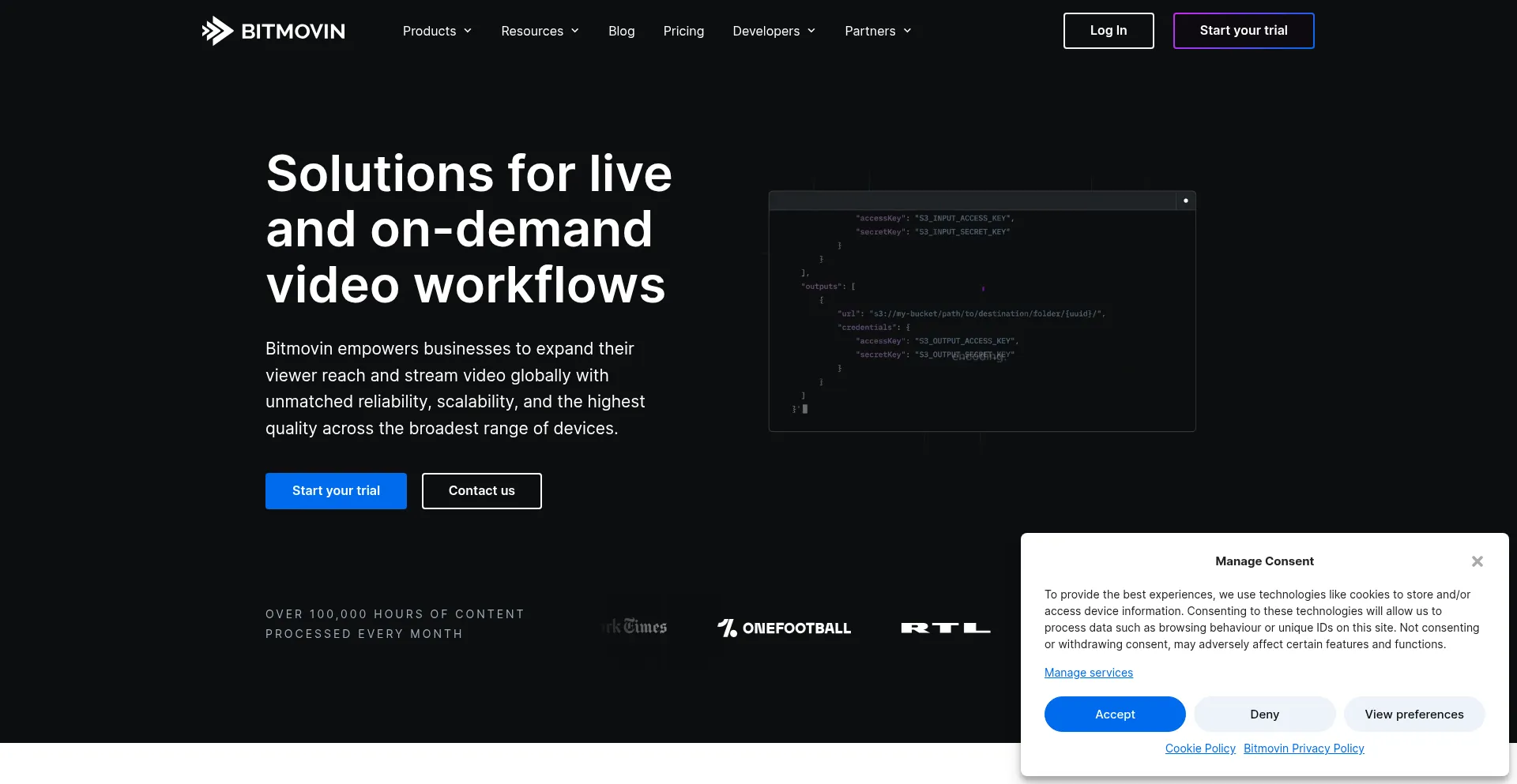 Website screenshot of Bitmovin.com