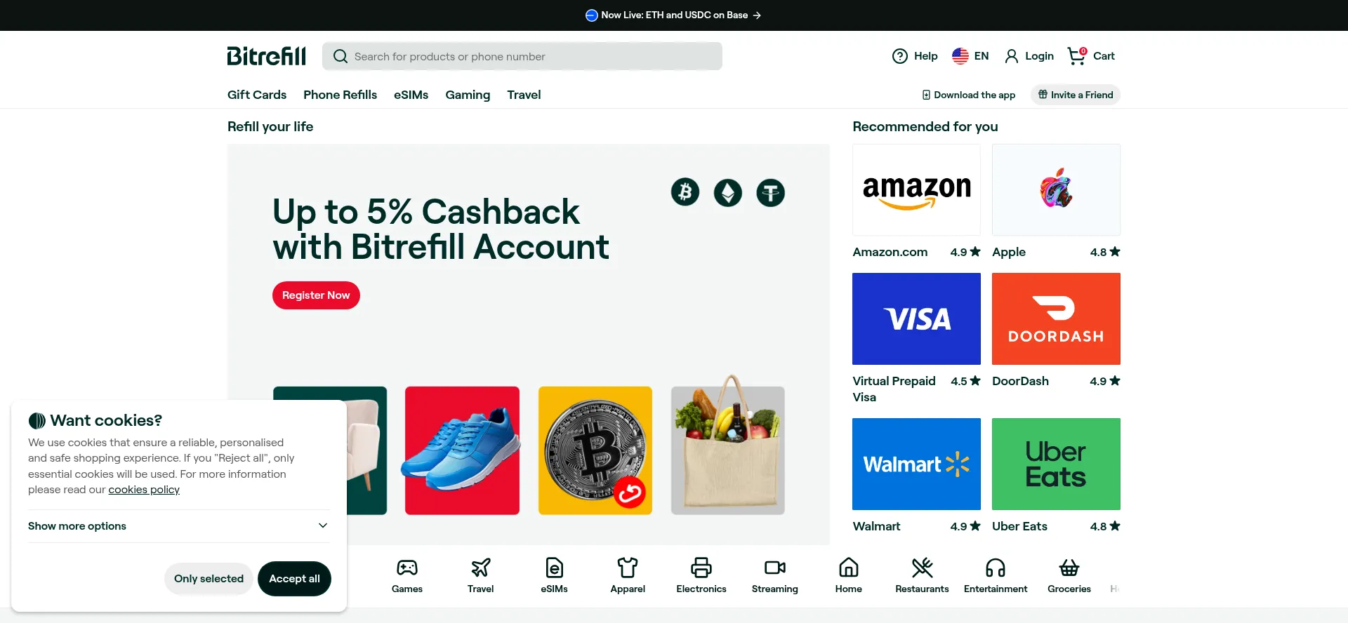 Website screenshot of Bitrefill.com