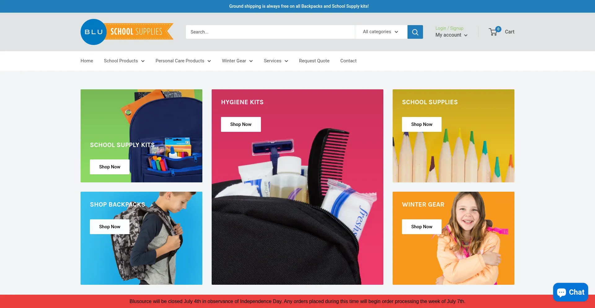 Website screenshot of Blueschoolsupplies.com