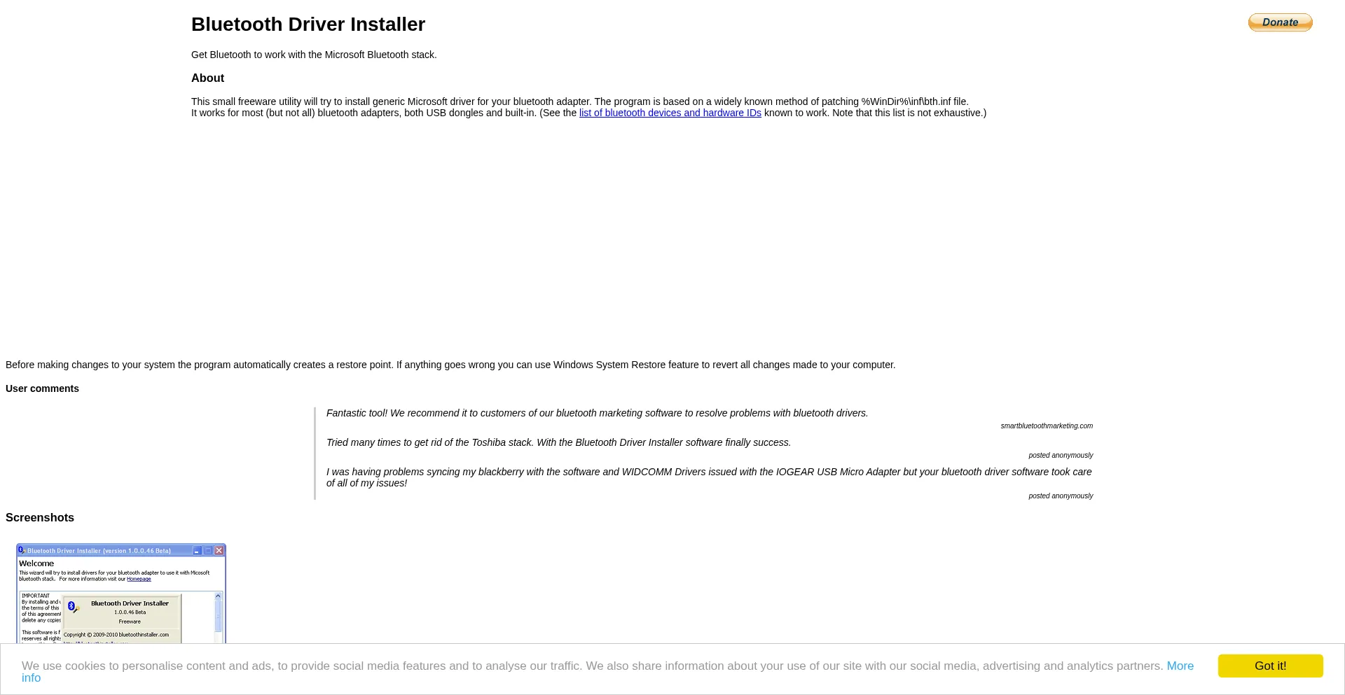 Website screenshot of Bluetoothinstaller.com