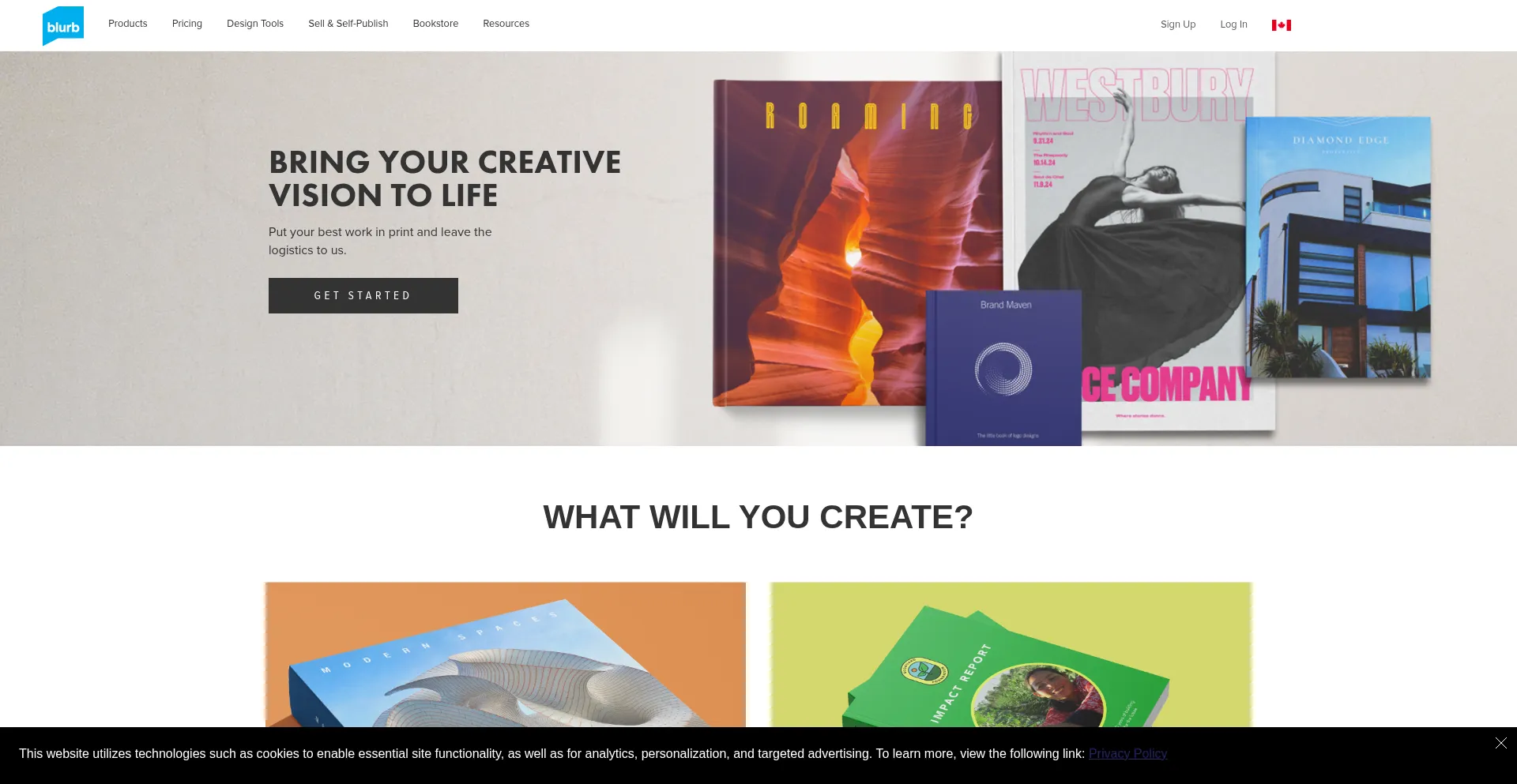 Website screenshot of Blurb.ca