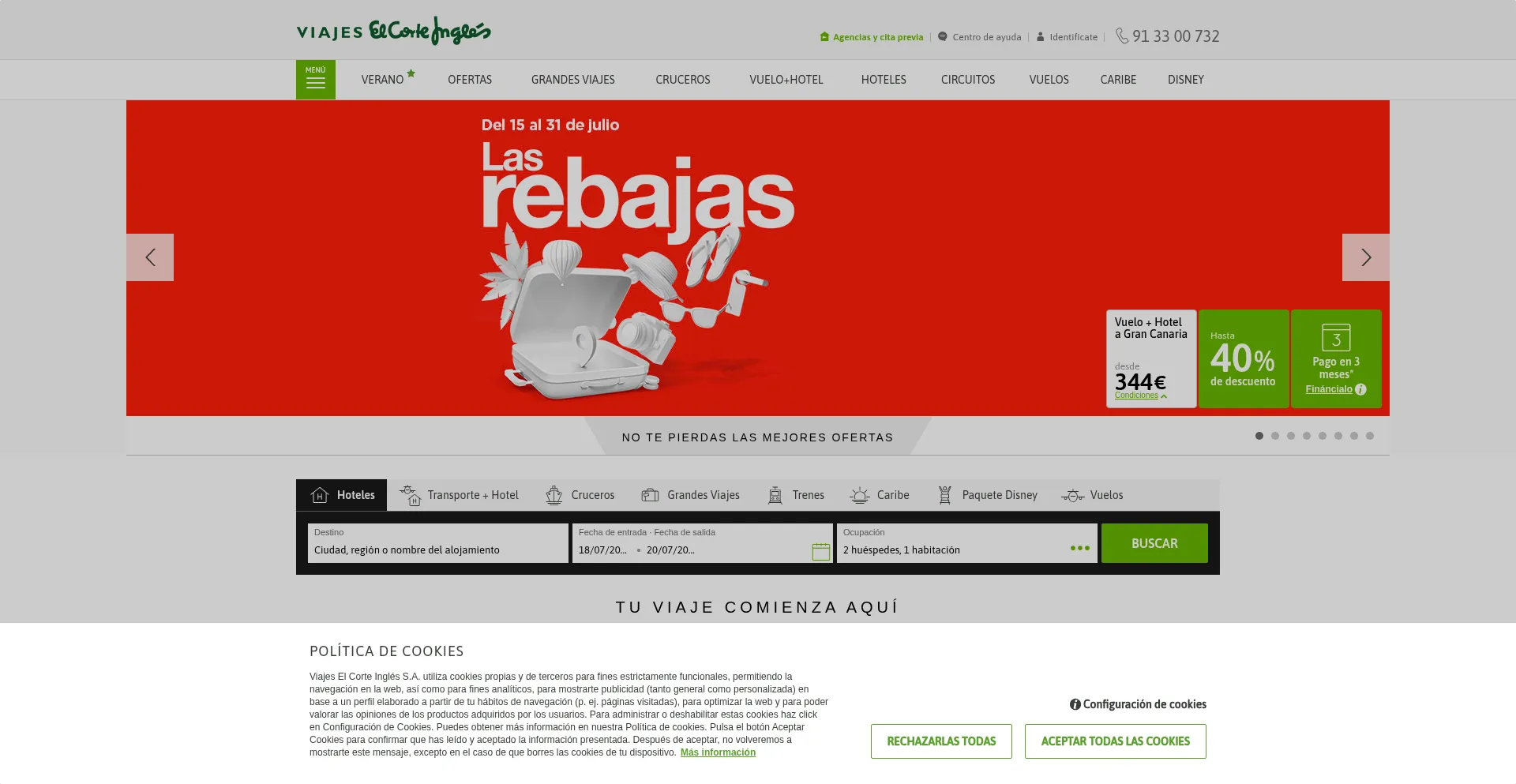 Website screenshot of Bookings.viajeselcorteingles.es