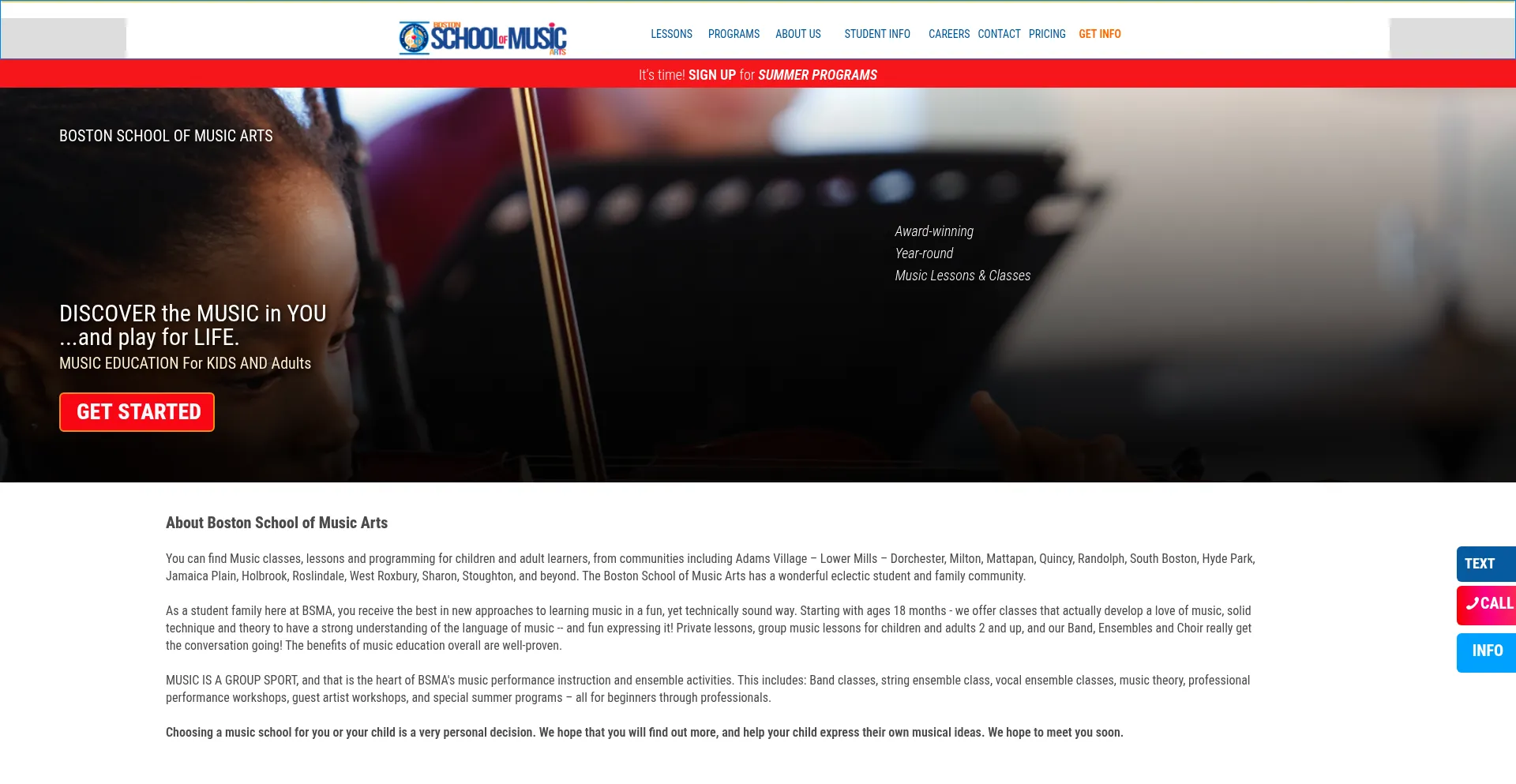 Website screenshot of Bostonschoolofmusicarts.com