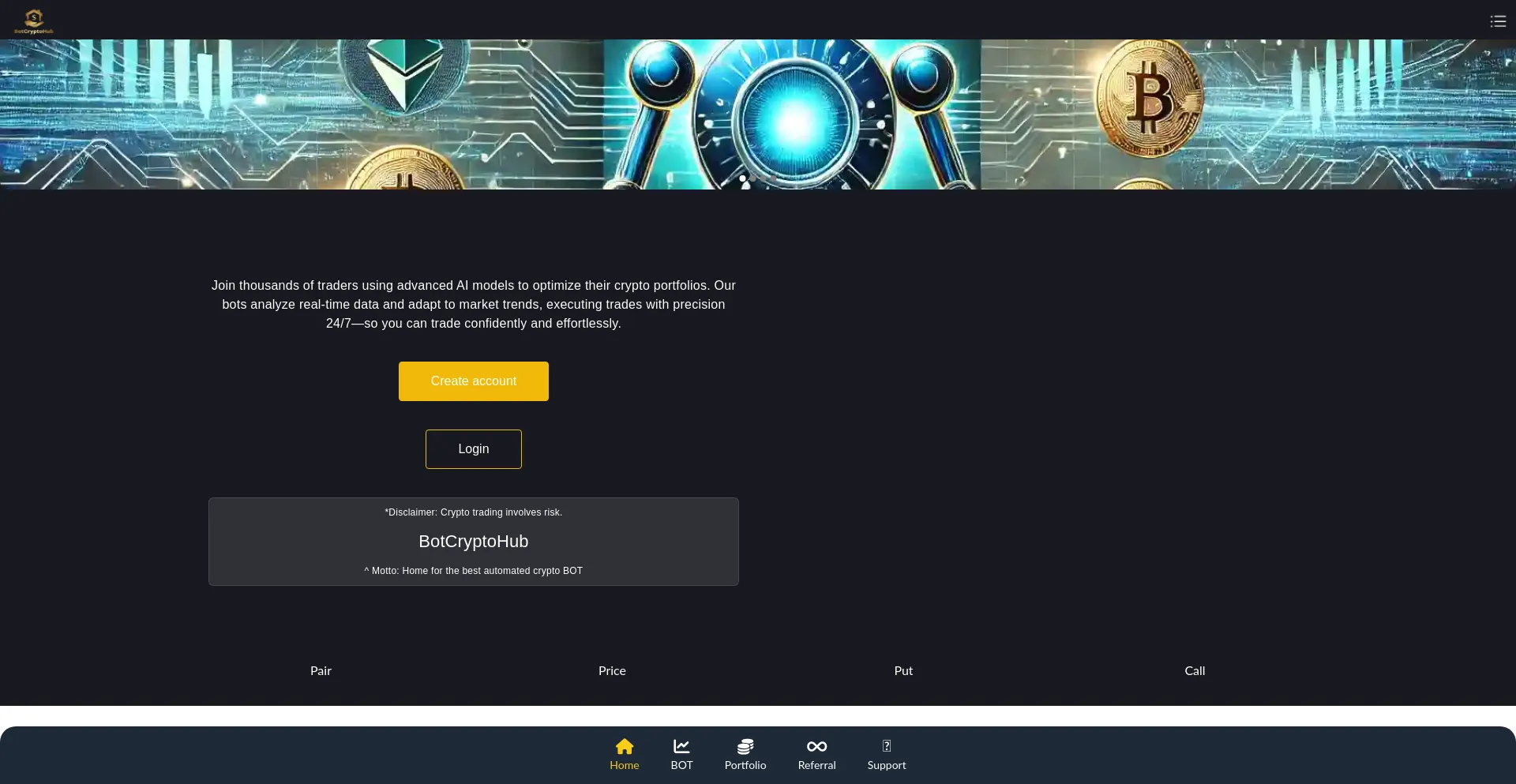 Website screenshot of Botcryptohub.io