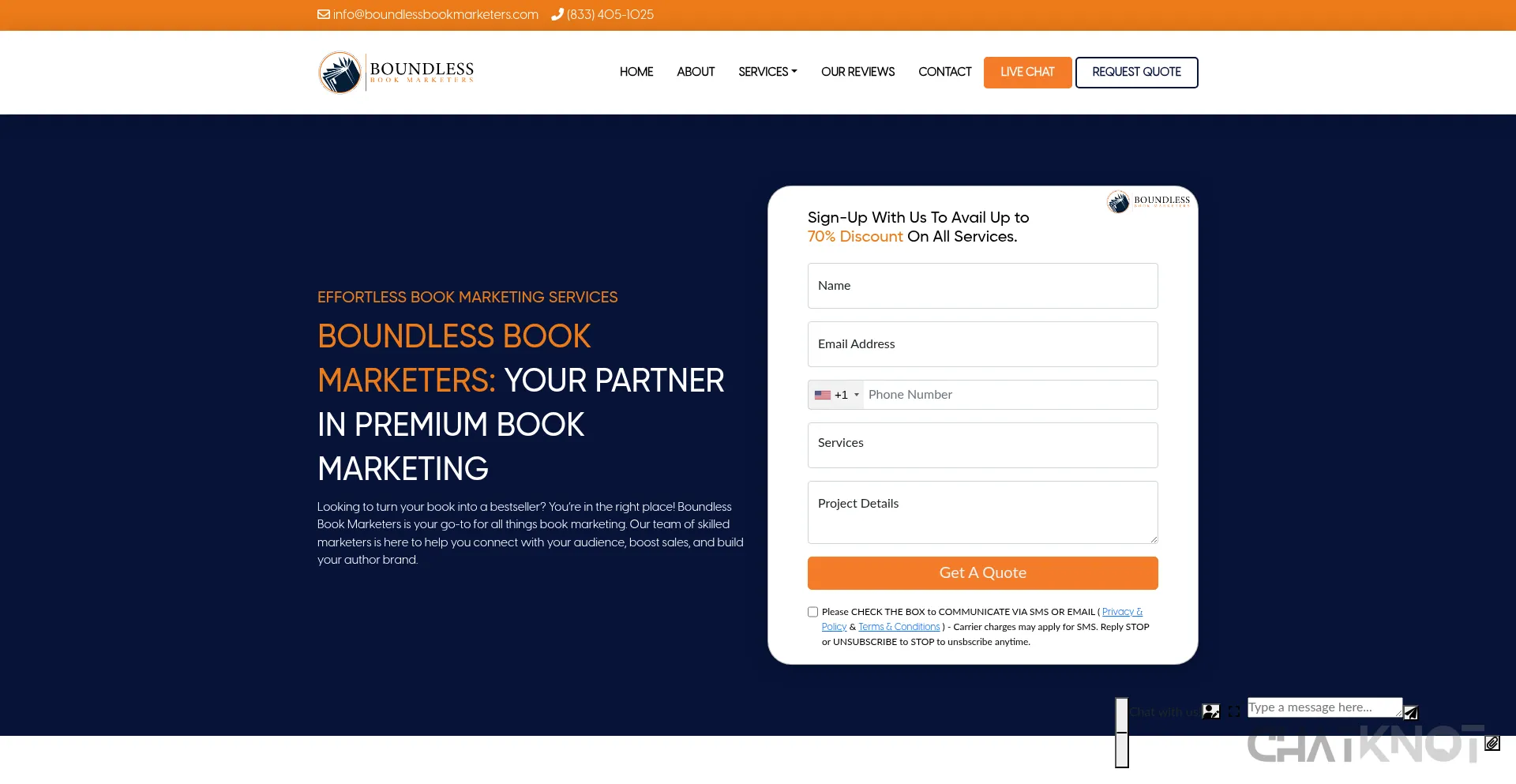 Website screenshot of Boundlessbookmarketers.com