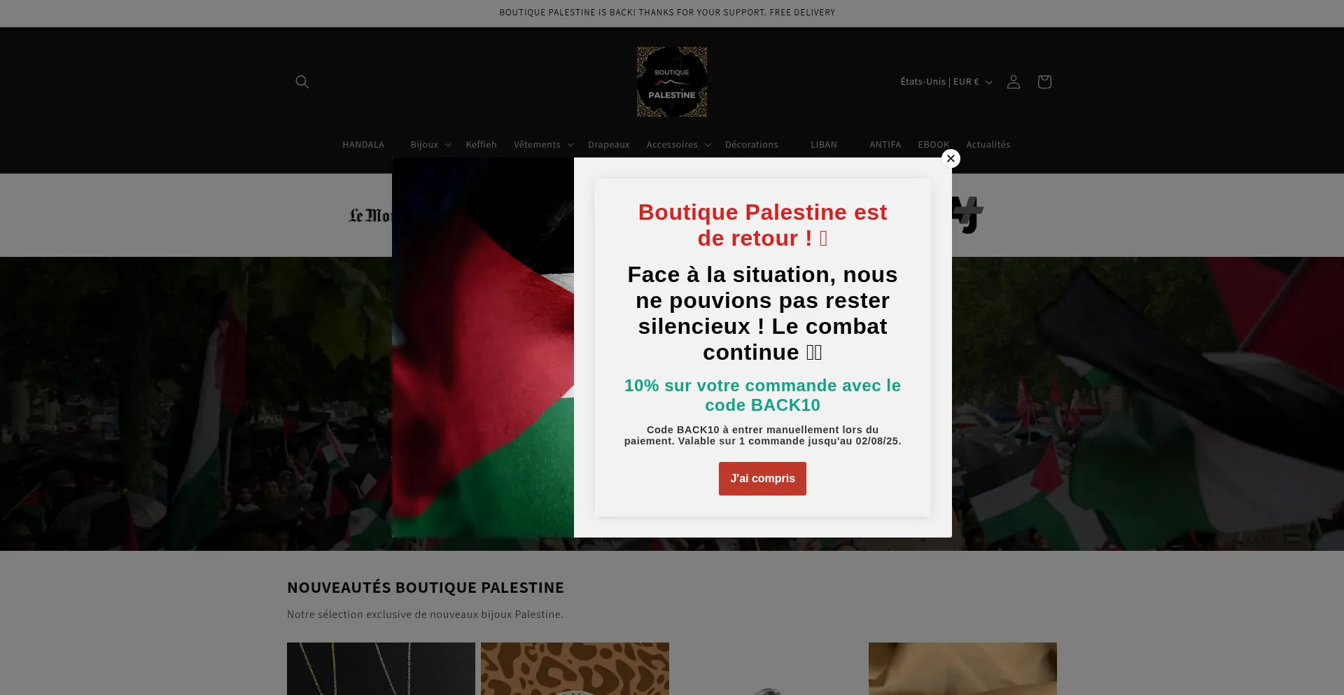 Website screenshot of Boutique-palestine.com