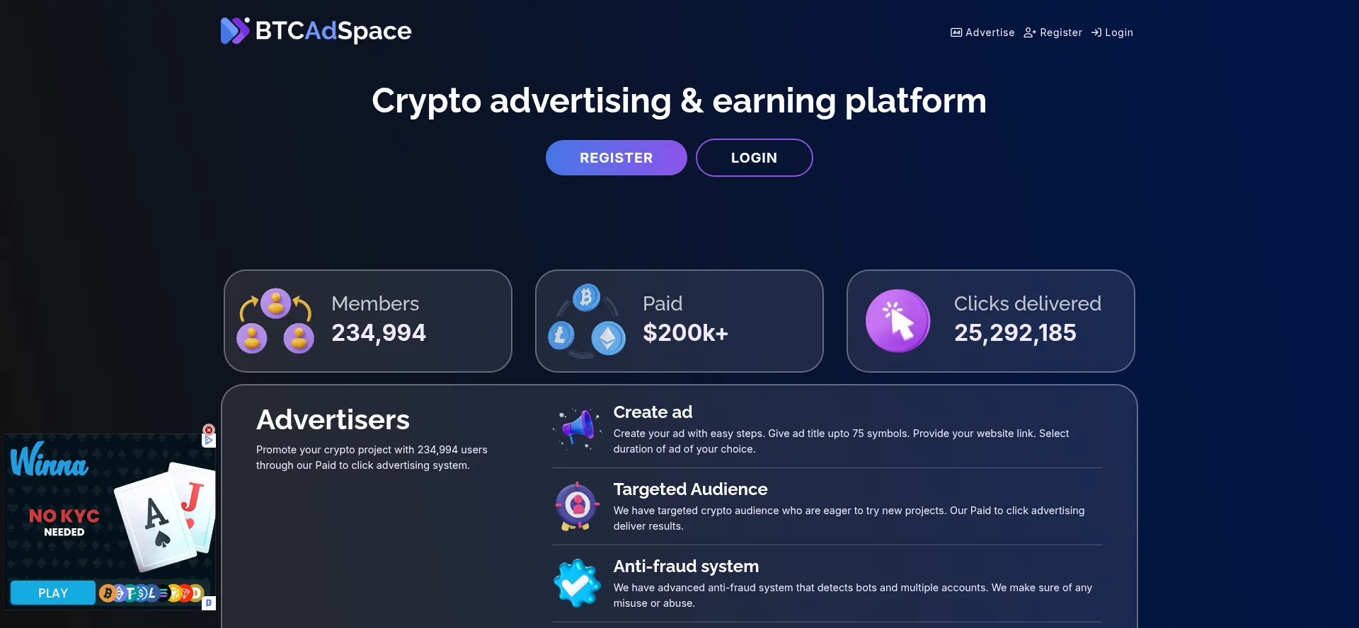 Website screenshot of Btcadspace.com