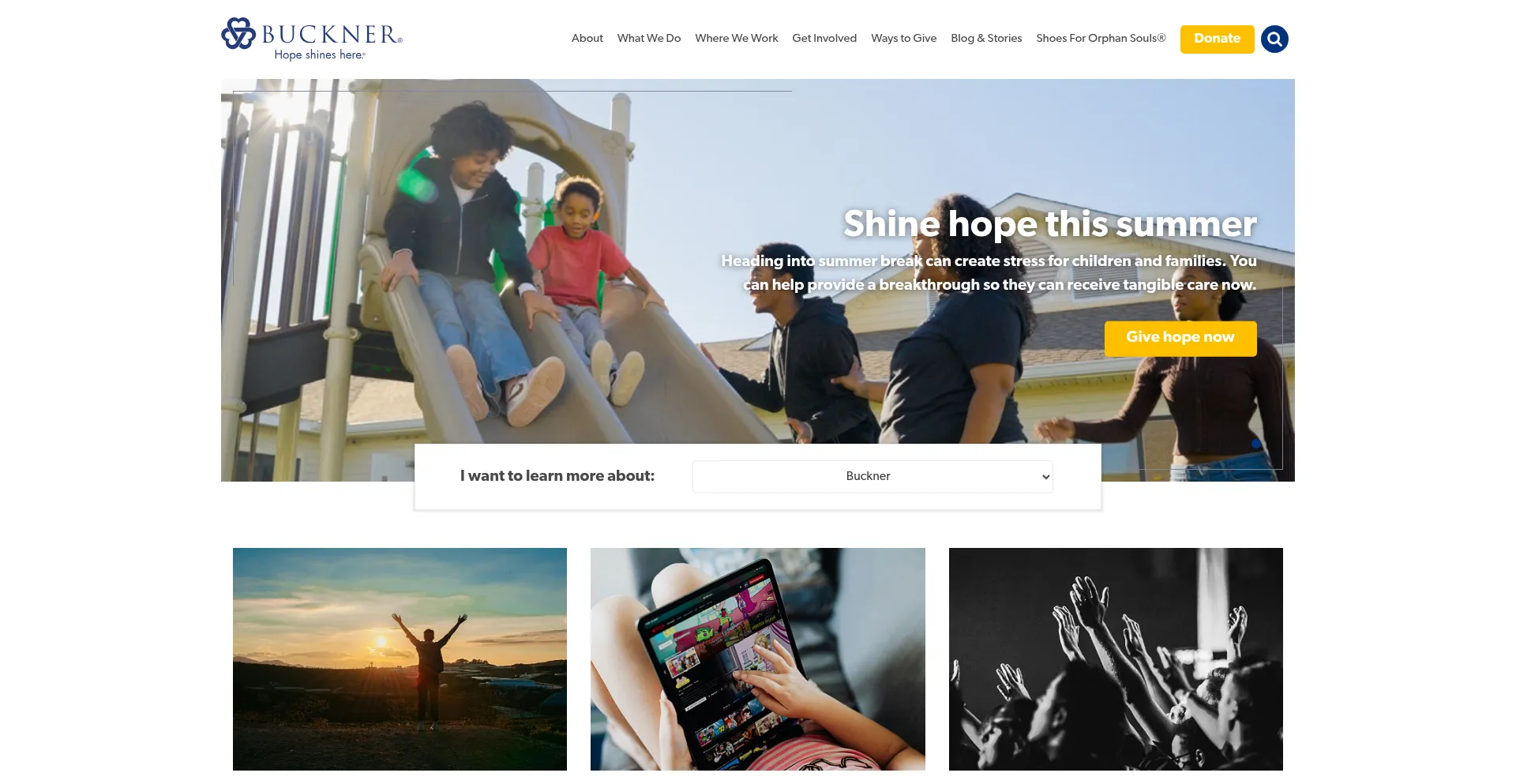 Website screenshot of Buckner.org